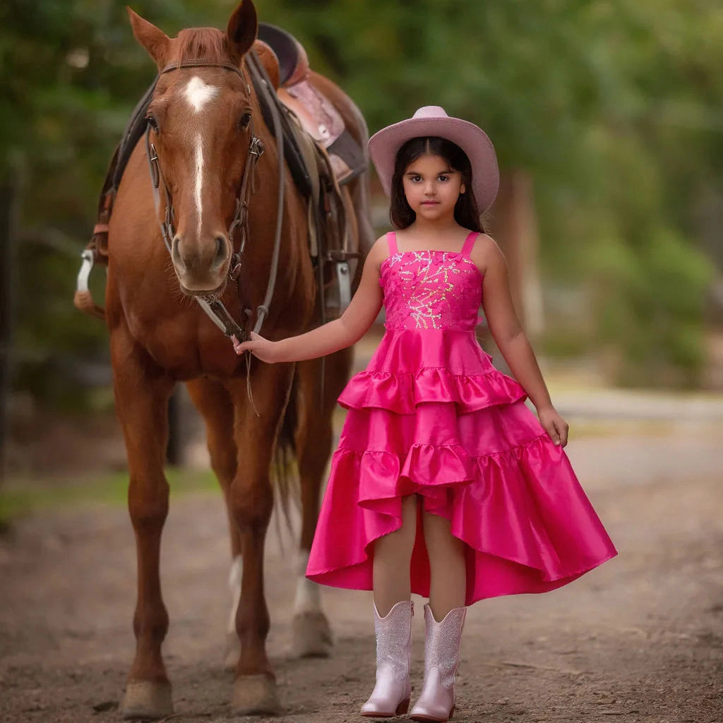 Faeella Girls Wildflower Cowgirl Hot Pink Ruffle Birthday Dress