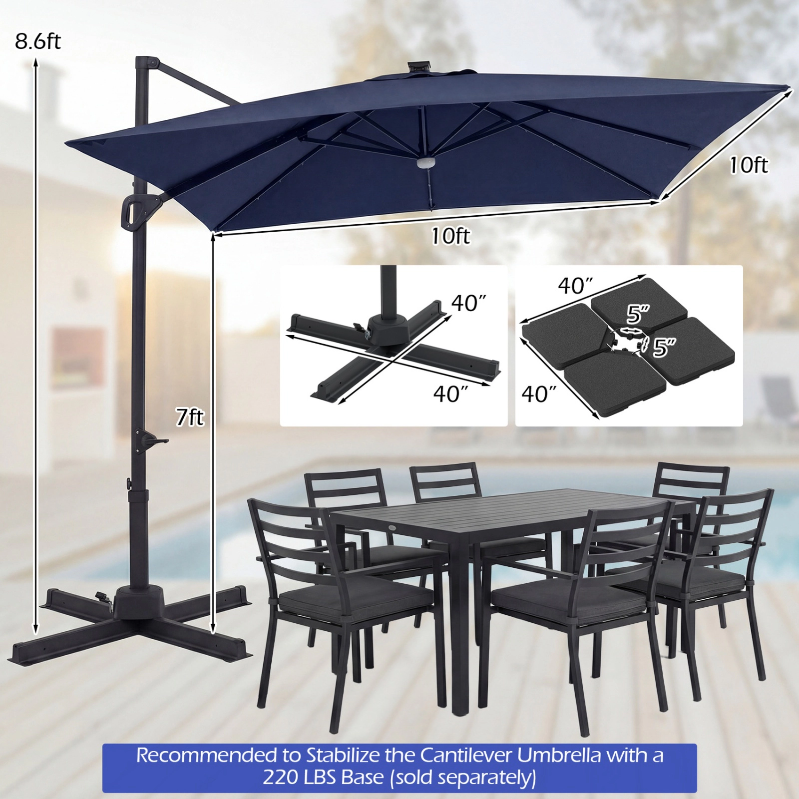 SUGIFT 10-ft Cantilever Patio Umbrella with Solar LED Lights and 2-Tier Vented Canopy for Pool and Garden Navy Blue