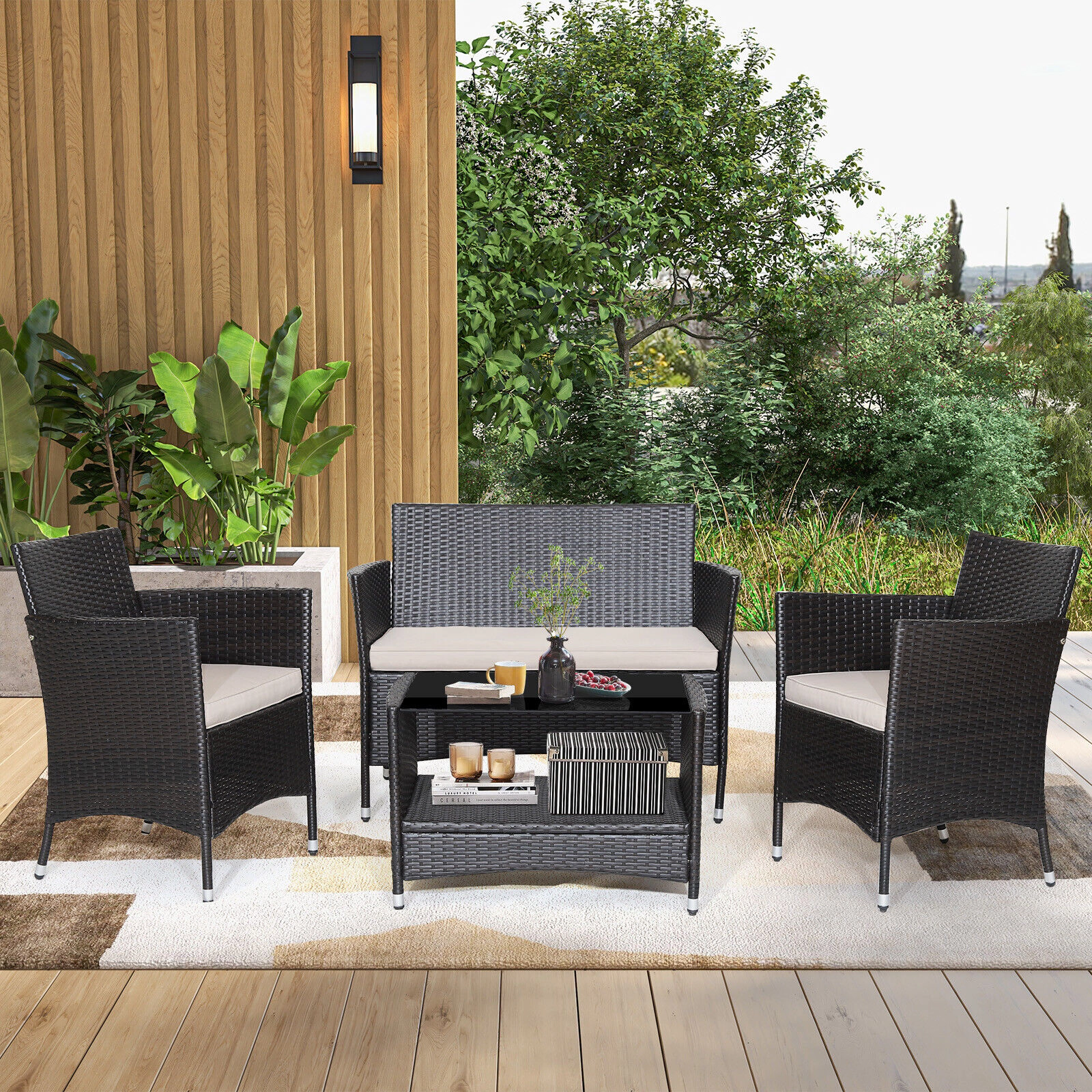 SUGIFT 4-Piece Mix Brown PE Rattan Patio Set with Loveseat, 2 Armchairs and Glass Coffee Table