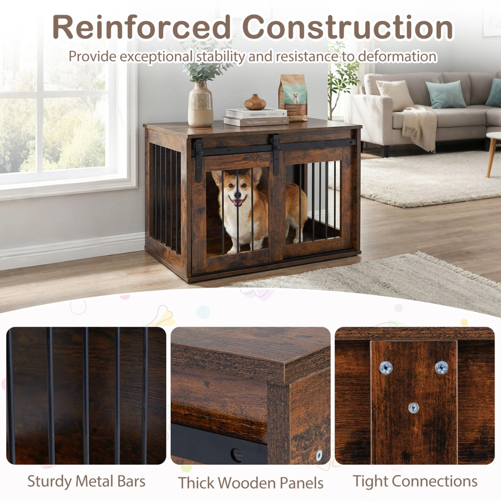 SUGIFT Rustic Brown Dog Crate Furniture Kennel with Space-Saving Sliding Barn Door and Metal Side Slats