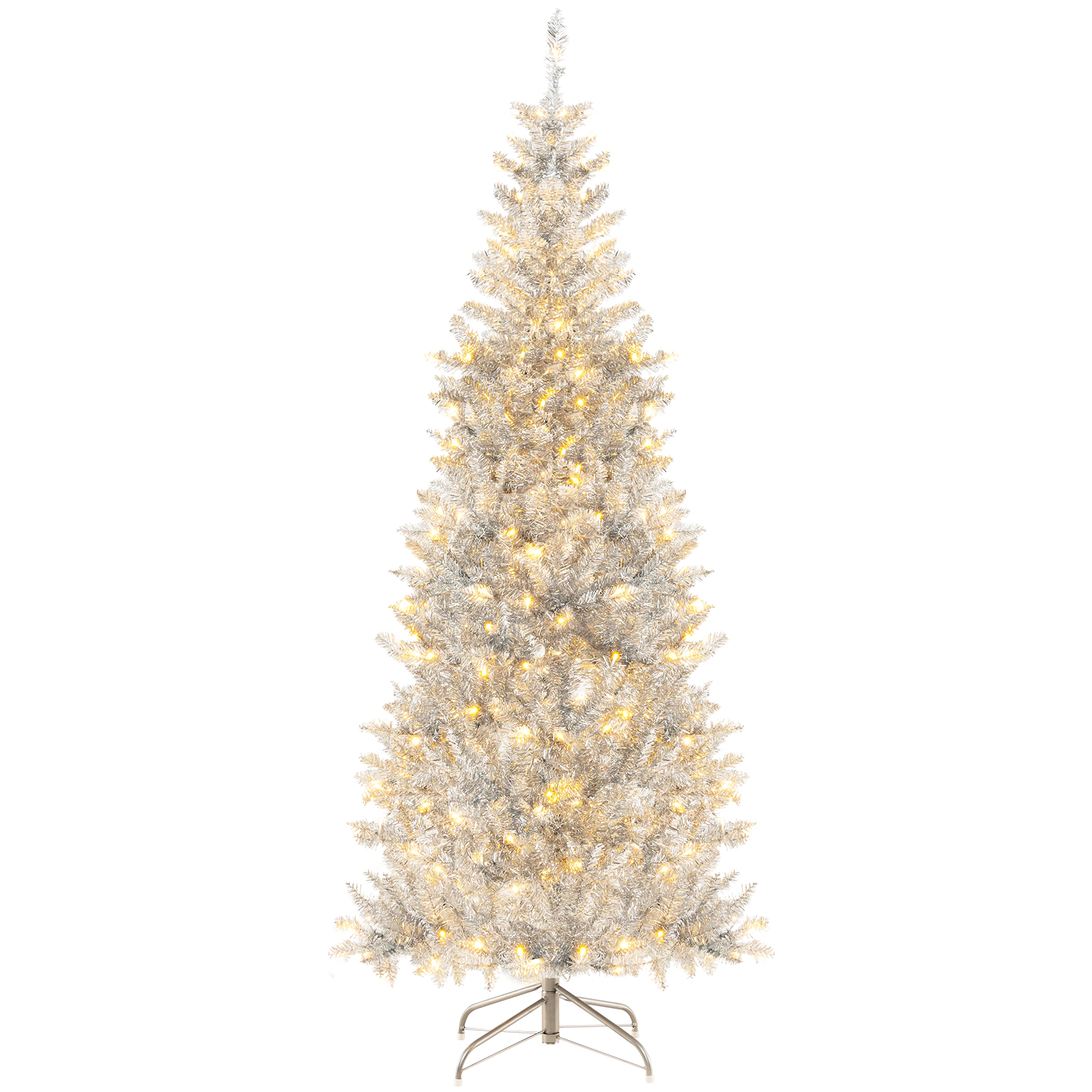 SlickBlue Pre-Lit Silver Christmas Tree with Hinged Branches and Metal Stand