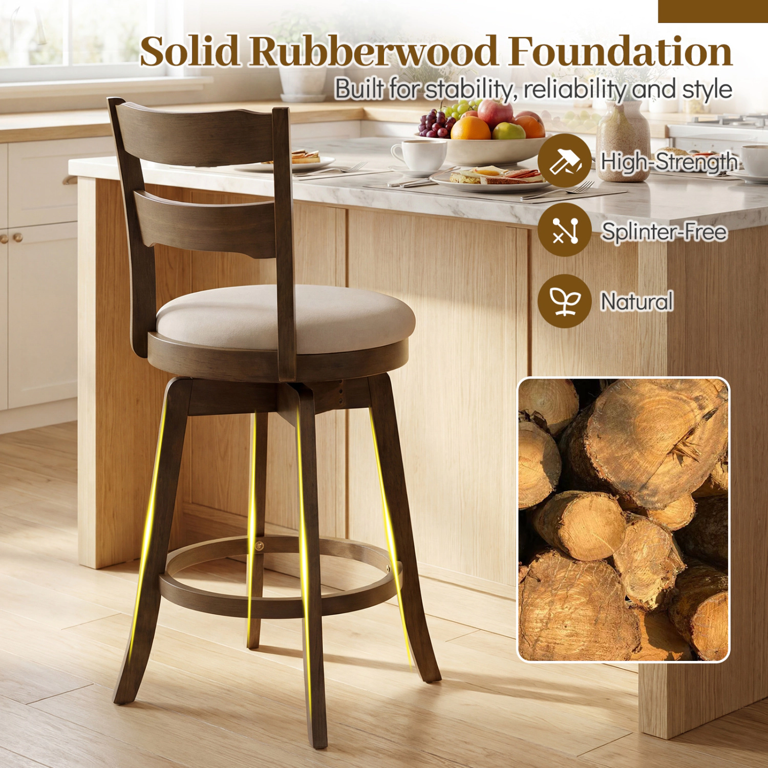 Glintex 2-Piece 30.5-Inch Swivel Bar Stool Set with 350-Lb Capacity, Ash Wood + Sand
