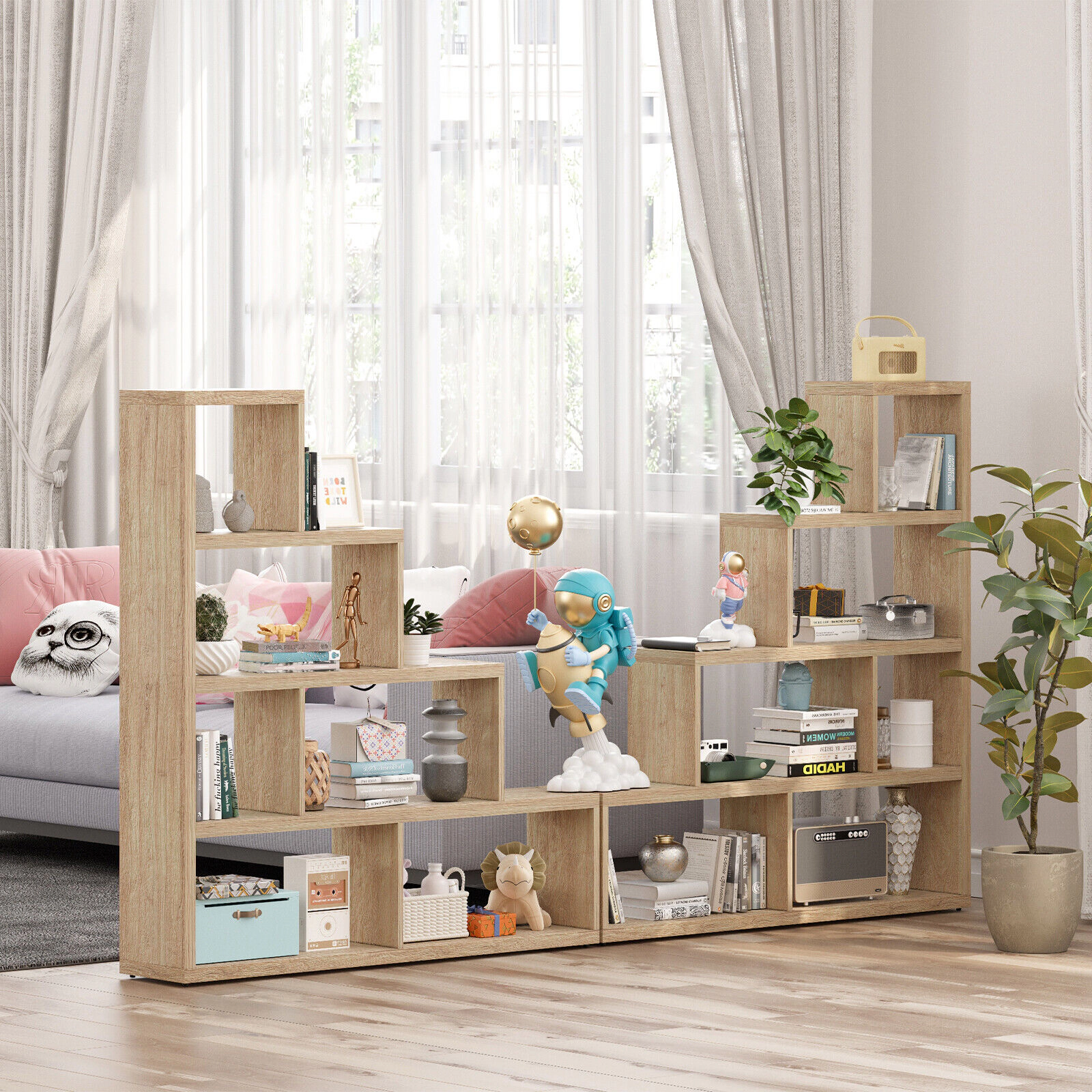 SUGIFT 4-Tier Geometric Stair Bookcase with 6 Open Cubes 400-lb Capacity Engineered Wood 60-in Tall Natural