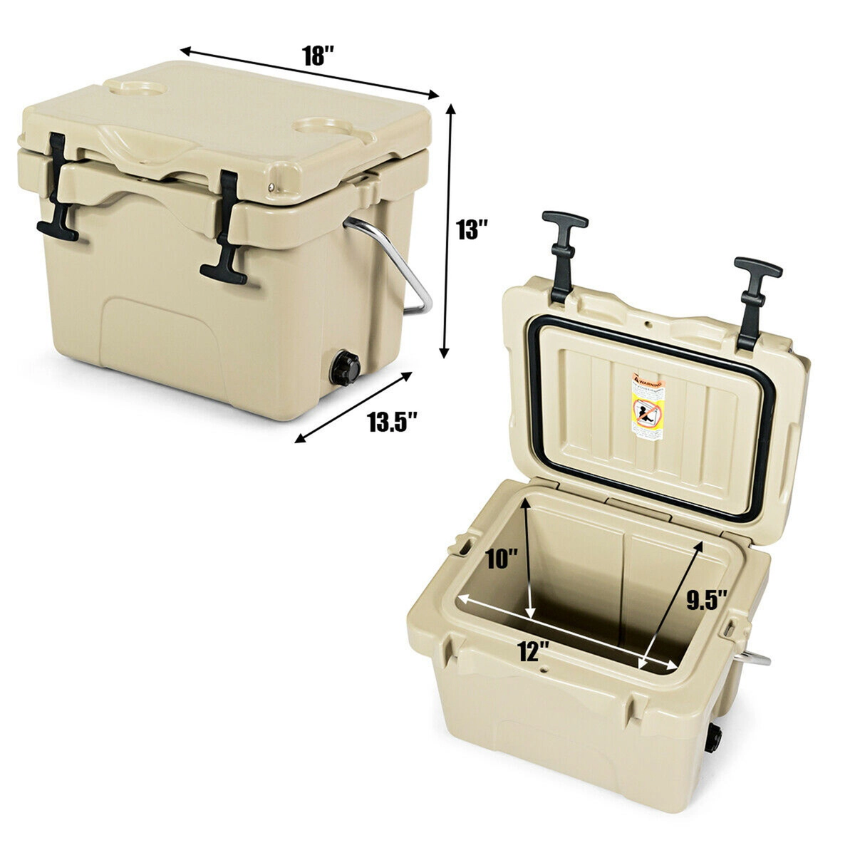 SUGIFT 16 Quart Insulated Hard Side Ice Cooler 24-Can Capacity with 2 Cup Holders 10-lb Net Weight Khaki