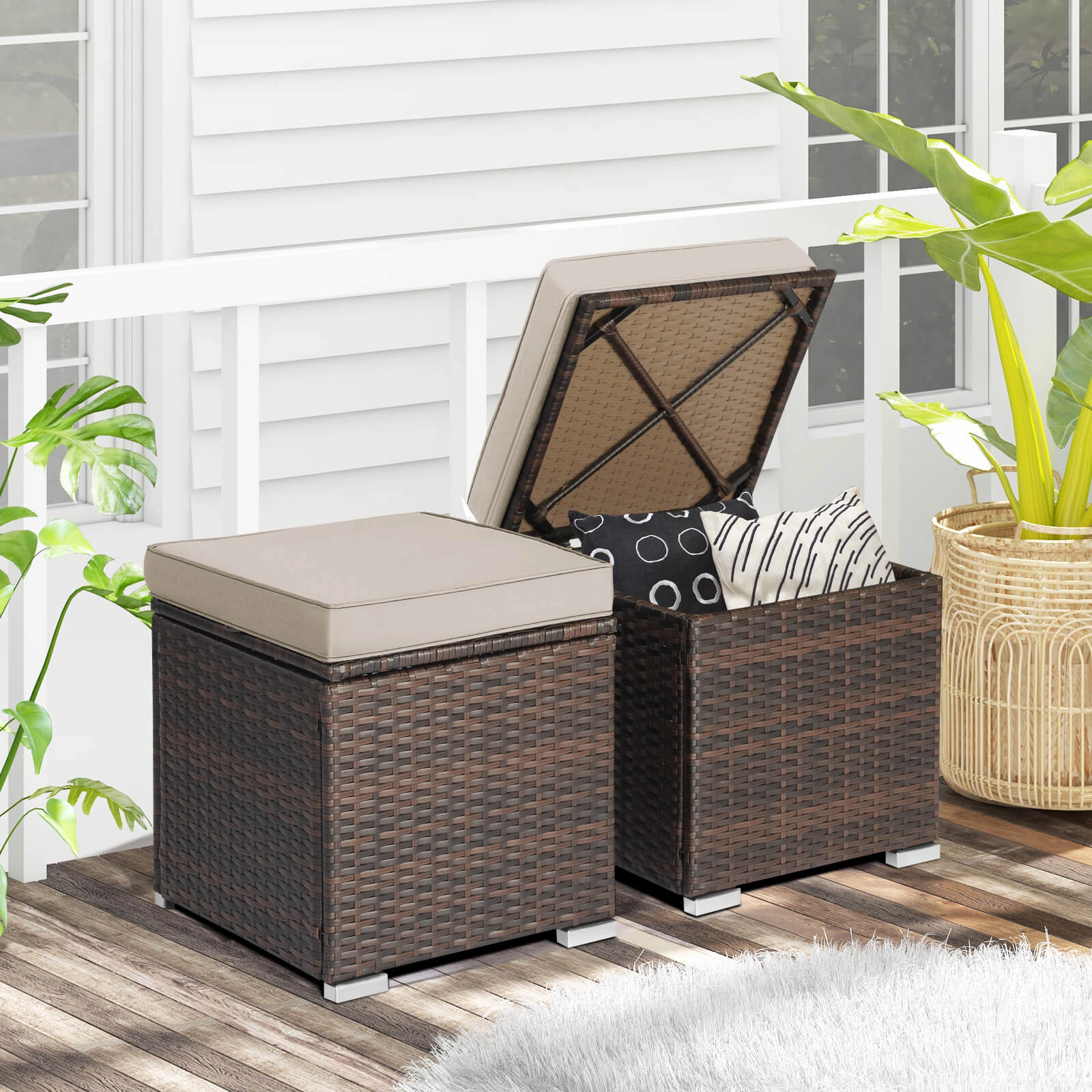 SUGIFT Hidden Storage and Removable Cushions 2-Piece Patio Wicker Ottoman Set