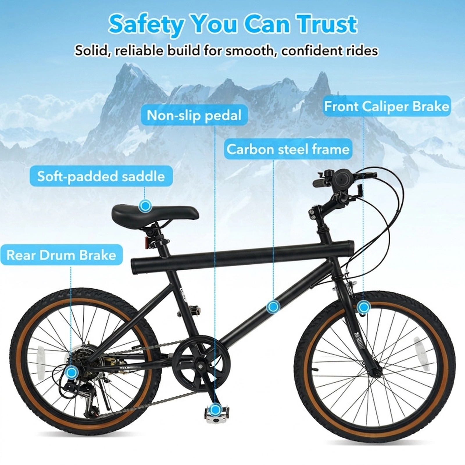 SUGIFT Black LED Frame Lights 2 Speakers and 6 Speed Shimano Derailleur 20 Inch Cycling Bike
