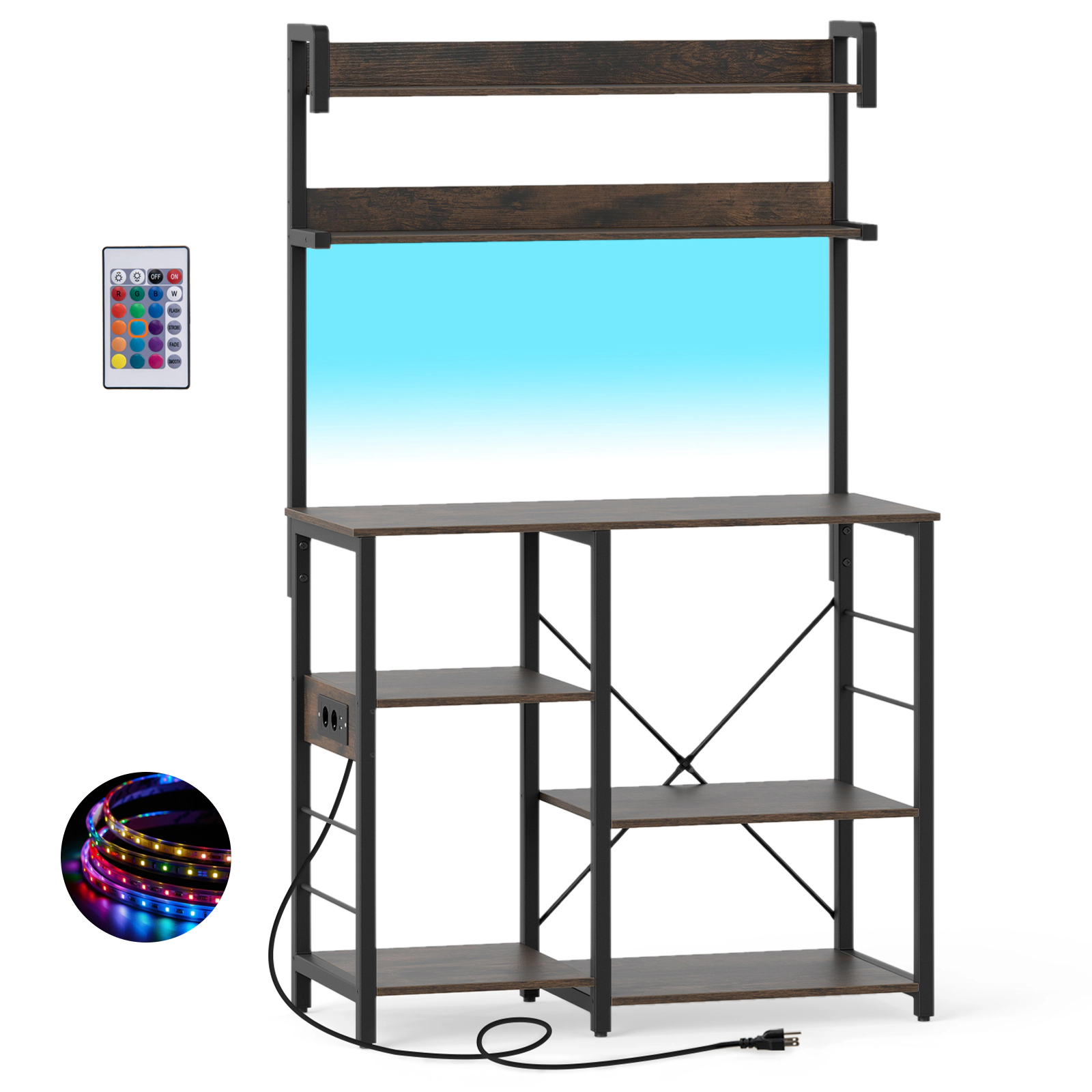 SUGIFT 5-Tier Kitchen Bakers Rack Shelving Unit with Power Outlet 66-lb Countertop Capacity Rustic Brown/ Black