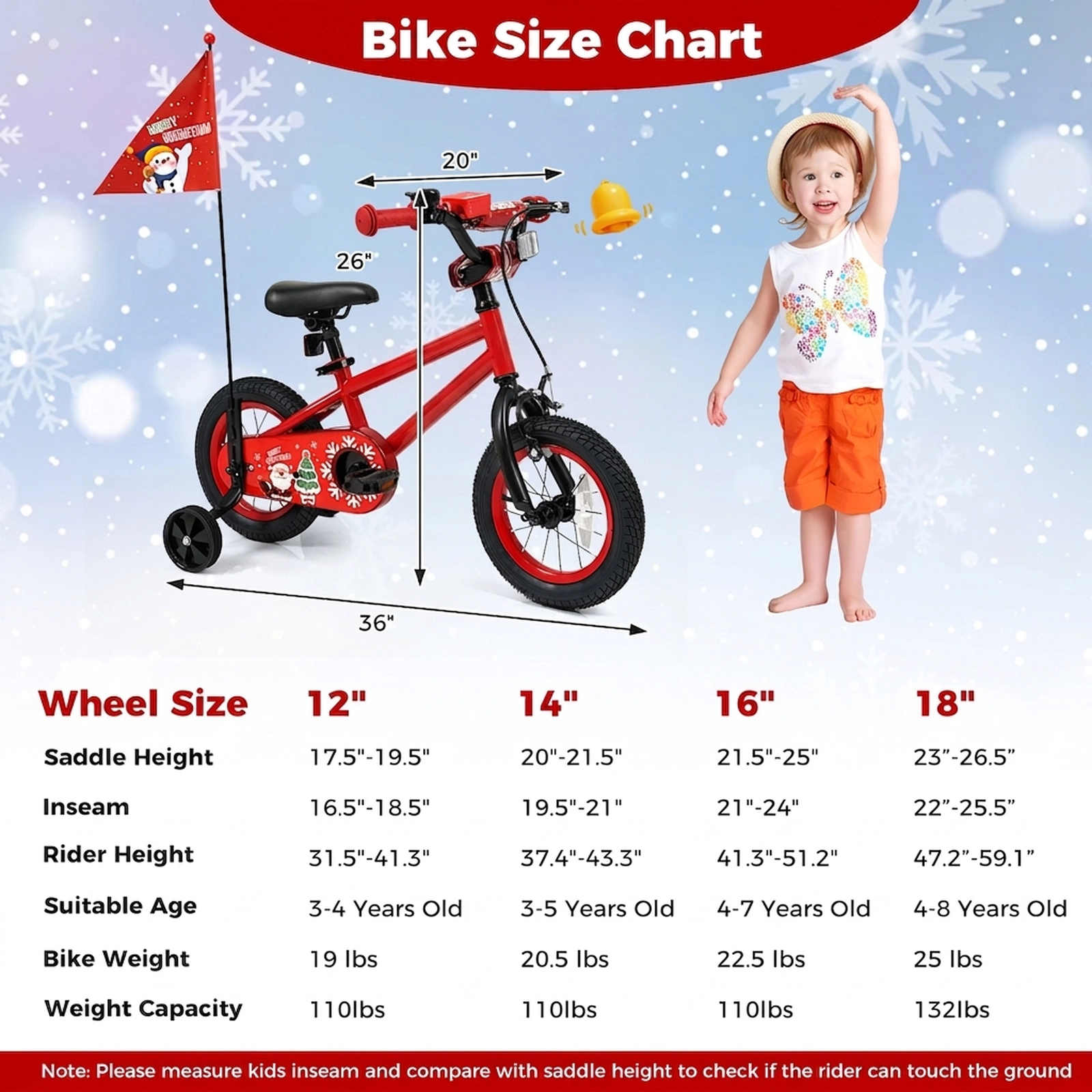 12-in Kids Bicycle Holiday Music Box Safety Flag Detachable Training Wheels Padded Saddle Ages 3-5 Red