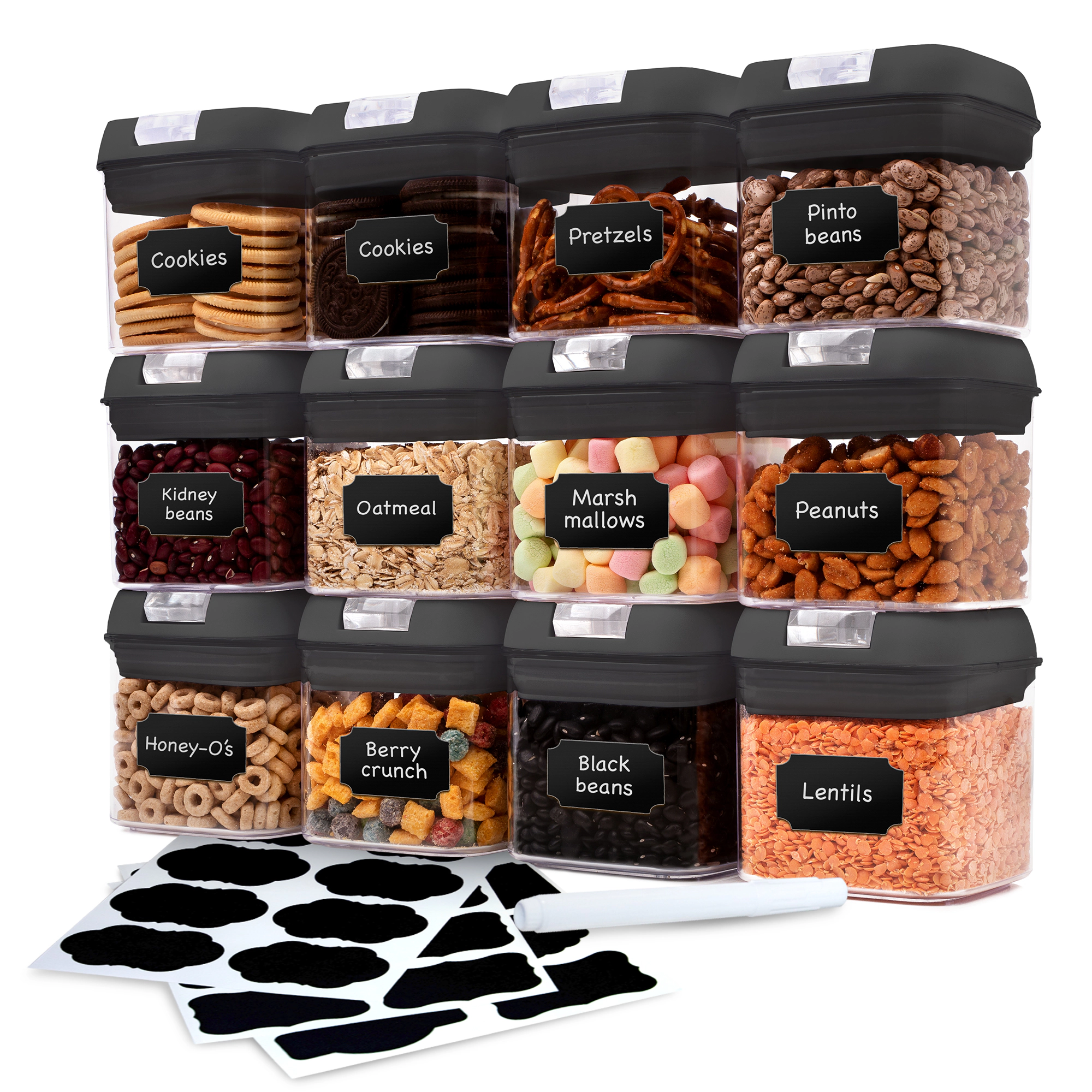 Cheer Collection Stackable Airtight Food Storage Containers with Labels, 12-Pack, Black