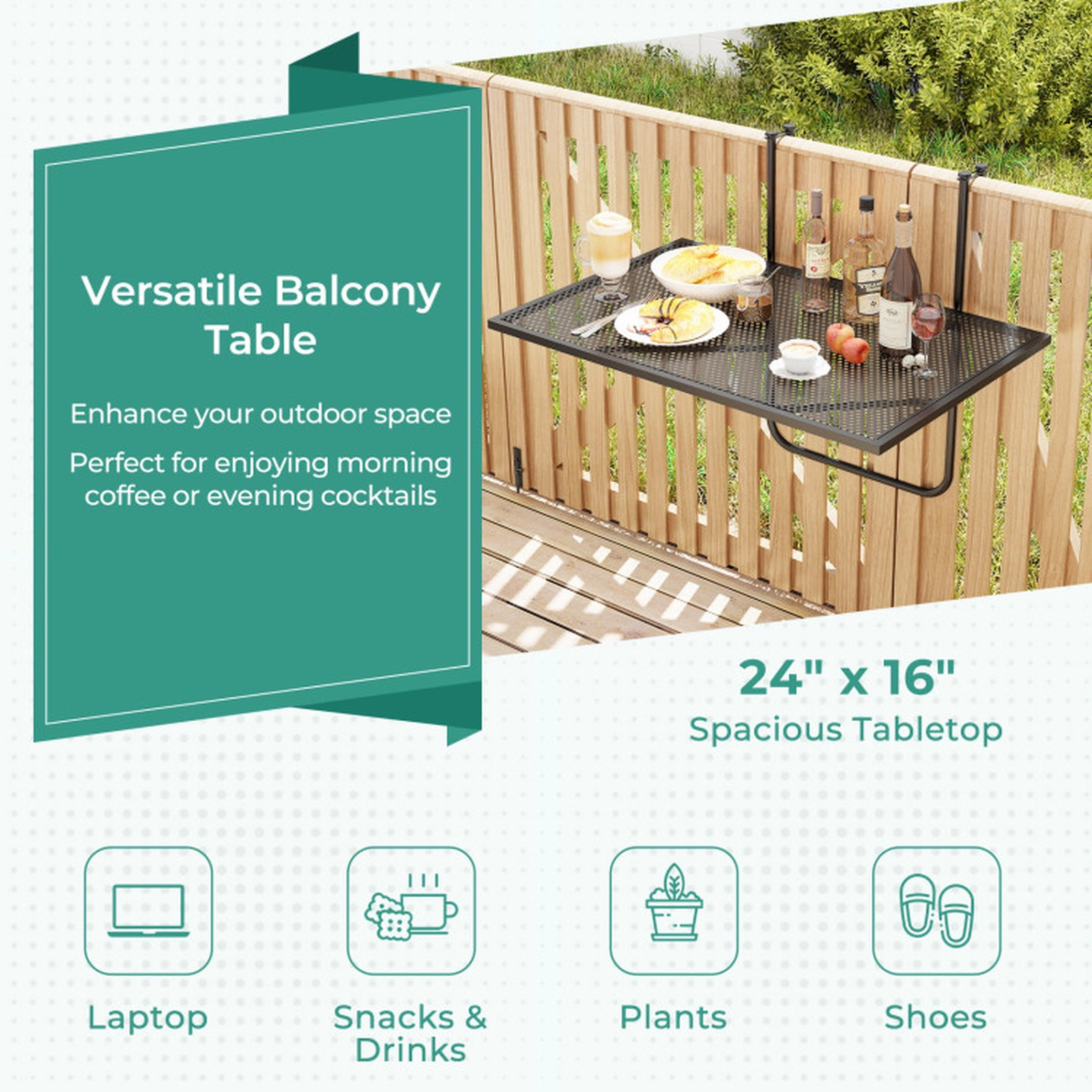 SUGIFT Adjustable Folding Hanging Balcony Railing Table 50-lb Capacity 24 x 20 x 20-in Fits 2.4-in Rails Black
