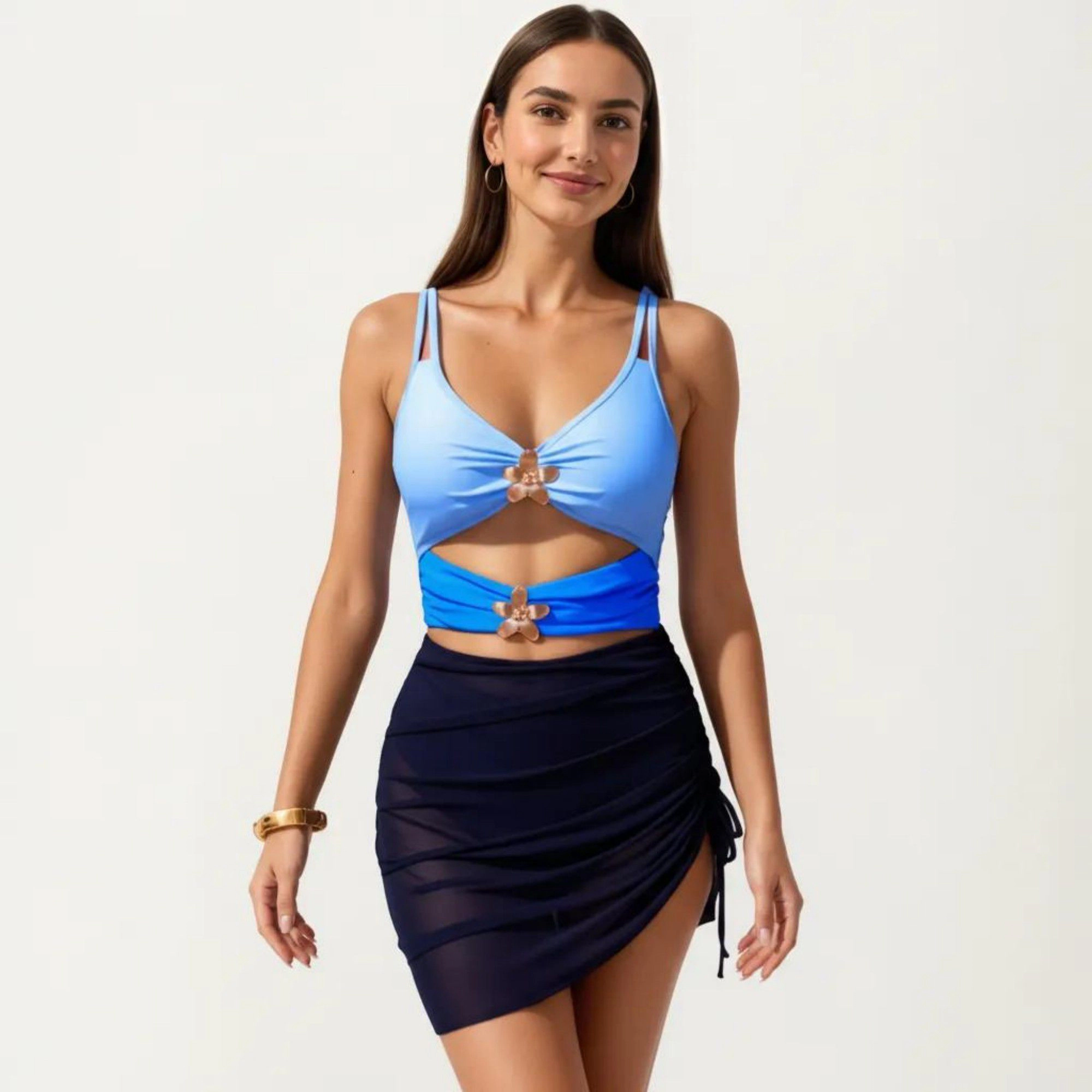 Anna-Kaci Women's One-Piece Cutout Swimsuit with Adjustable Straps Decorative Floral Hardware and Ruched Skirt Overlay