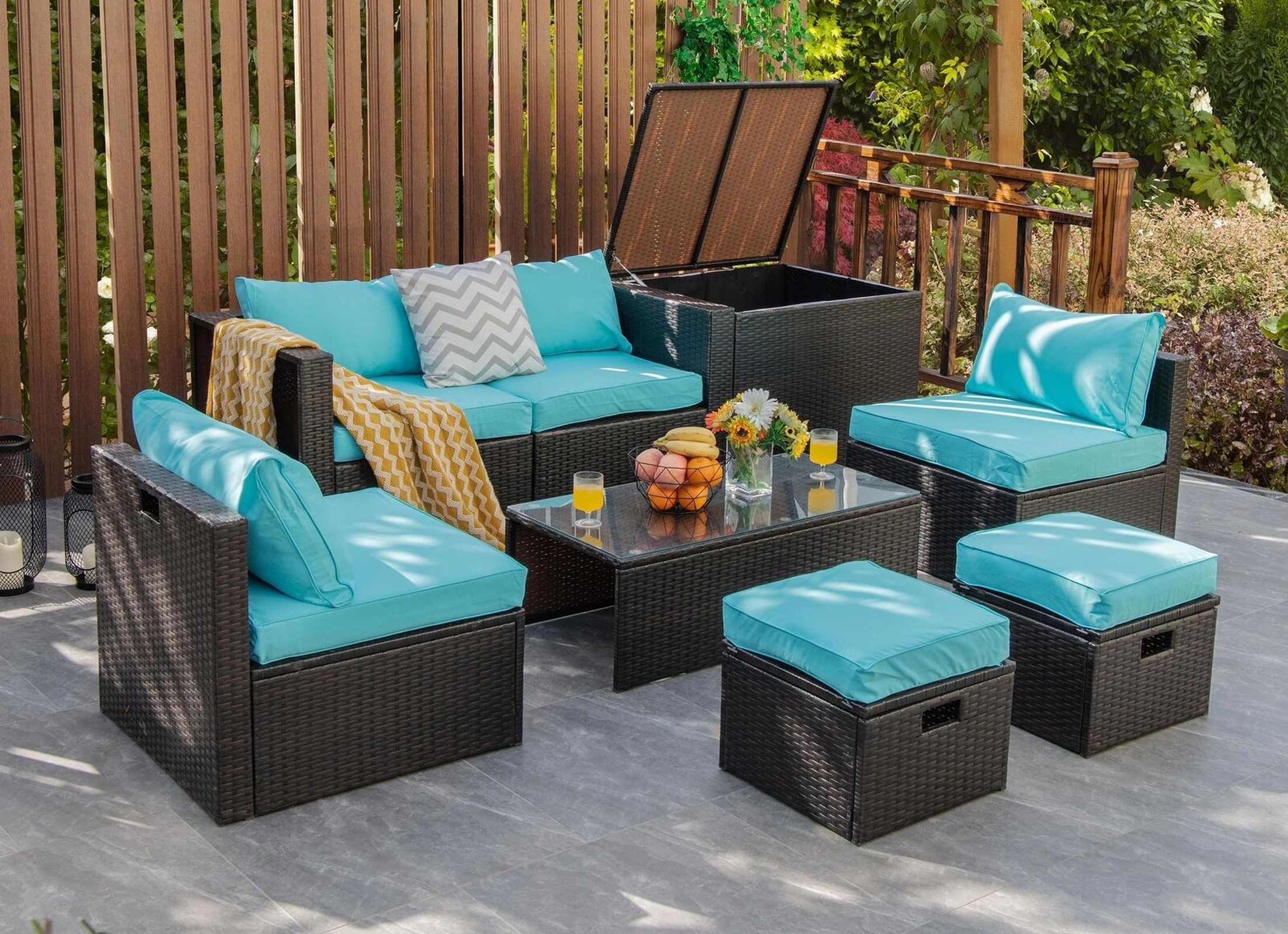 SUGIFT 8-Piece Turquoise Rattan Patio Lounge Set with Storage Box and Waterproof Cover