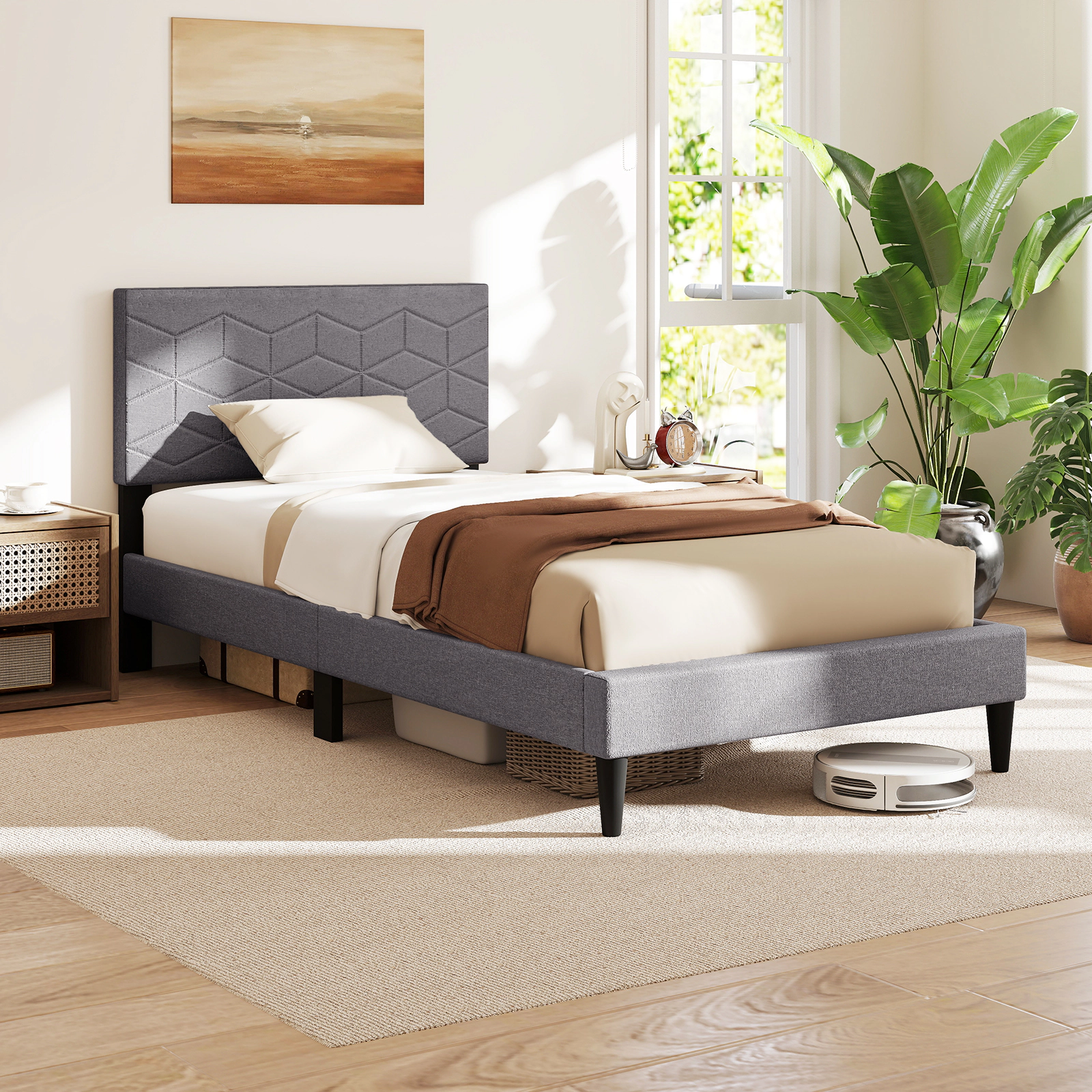 Twin Bed Frame Modern Platform Bed with Linen Upholstered Headboard 10 LVL Slats 6 Support Legs Gray
