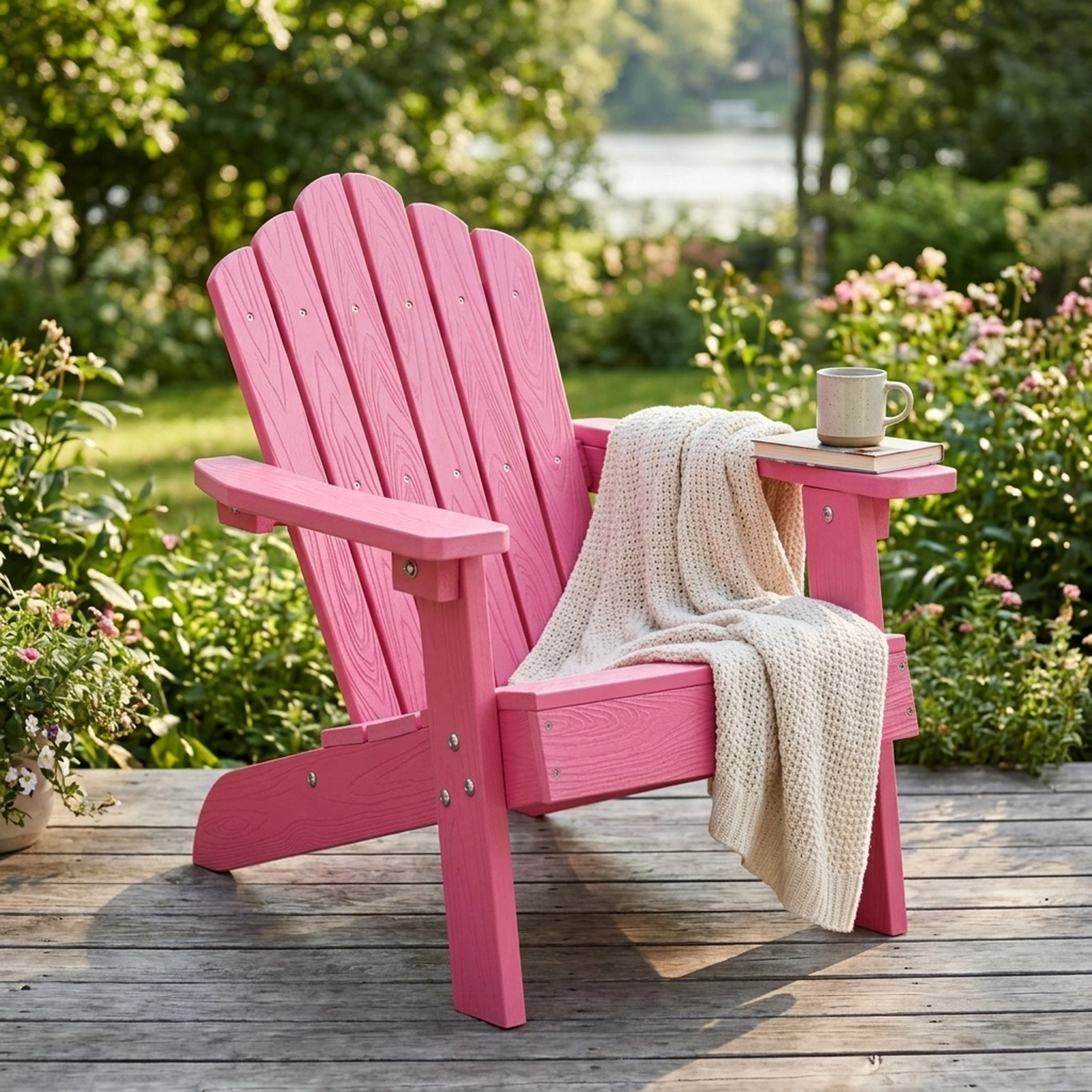 Kids Adirondack Chair All-Weather HIPS Plastic Outdoor Patio Lounge Chair with Tilted High Backrest and Wide Pink