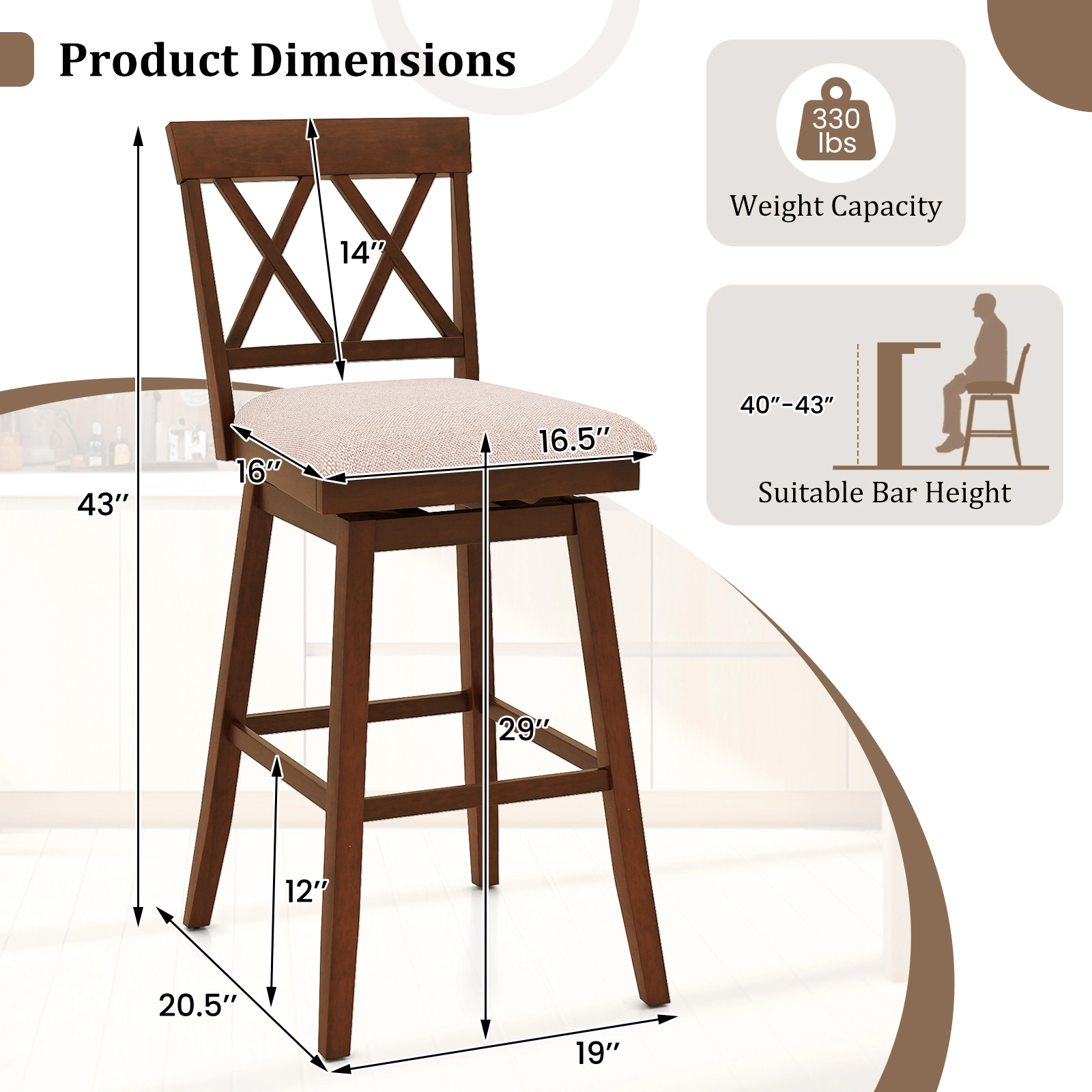 SUGIFT X-Back and Linen Upholstered Seat Cushion Set of 2 Oak 29 in Swivel Bar Stools