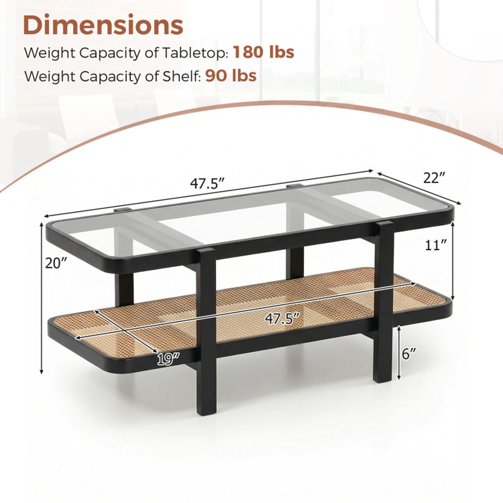 SUGIFT 47.5-in 2-Tier 180-lb Capacity Acacia Wood Coffee Table with Tempered Glass Top and PE Rattan Shelf