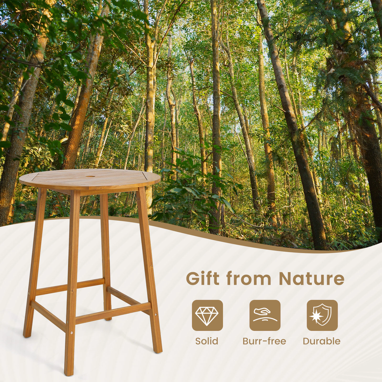 SUGIFT Acacia Wood Bar Height Outdoor Table 31.5-in Round Slatted Top 165-lb Capacity with 2-in Umbrella Hole Natural