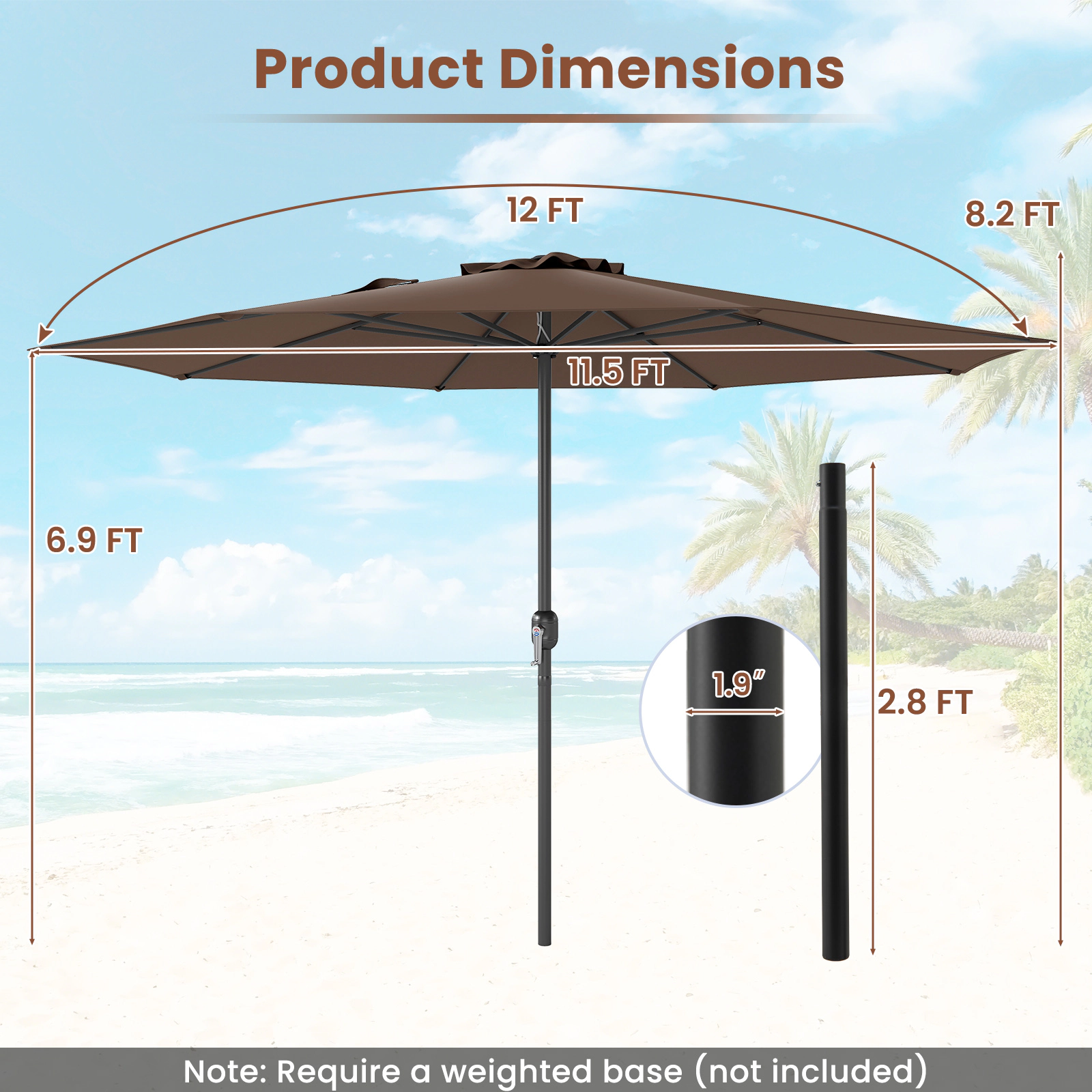 SUGIFT Coffee Crank Handle and 8 Sturdy Ribs 12 FT Large Patio Market Umbrella