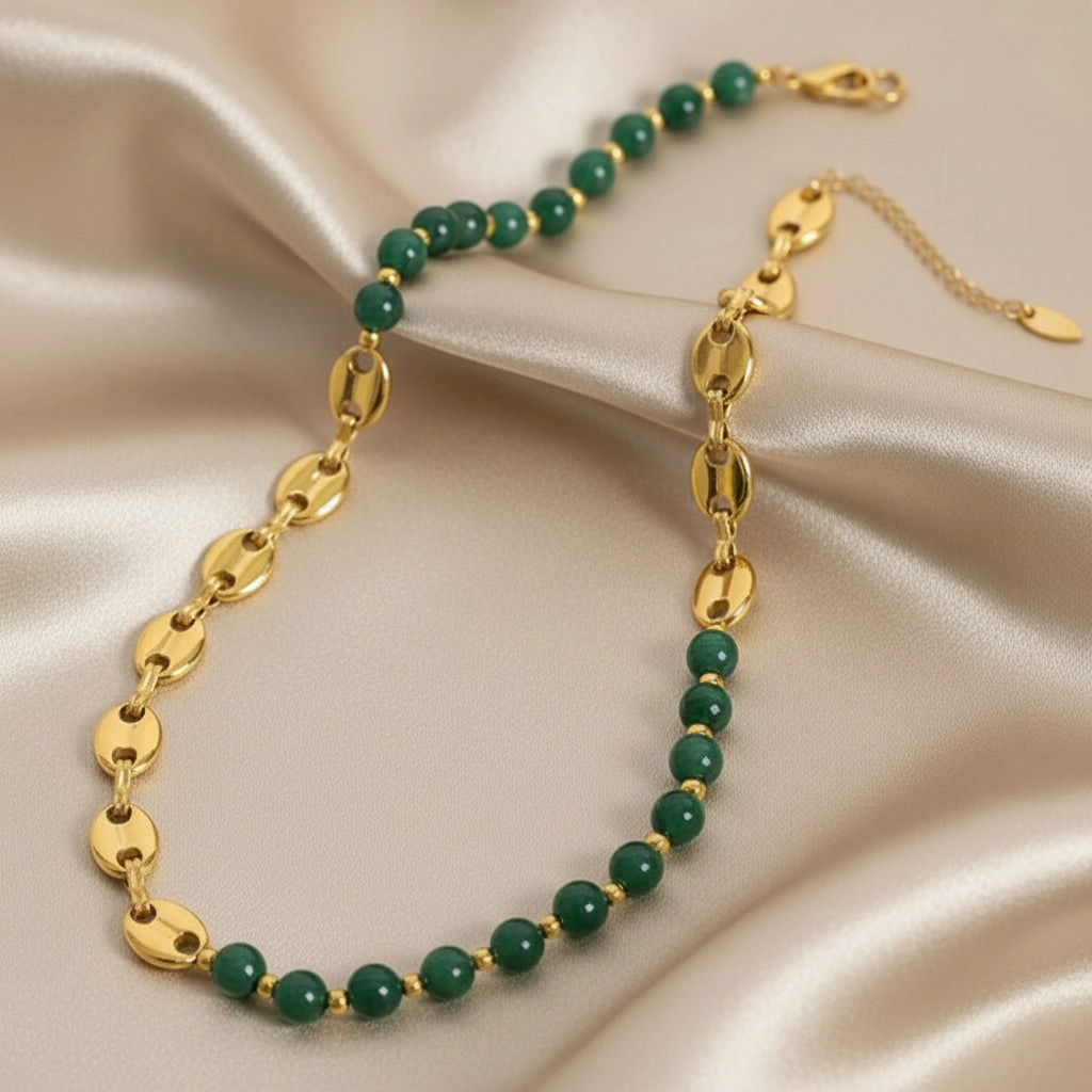 DressAtR Women's Green Agate 18K Gold Plated Necklace