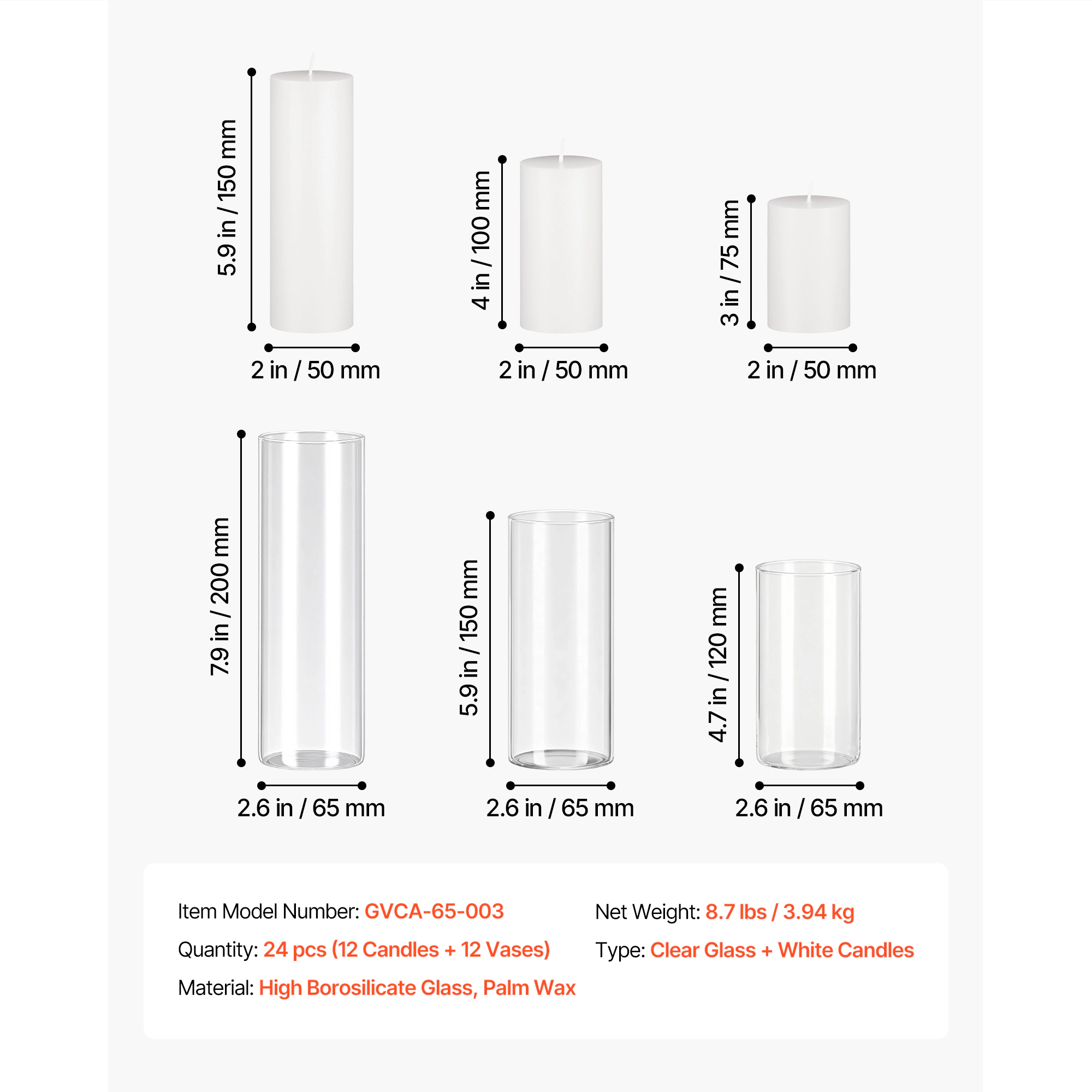 HONGGE Pillar Candles and Glass Vases Set Clear Cylinder Hurricane Candle Holders for Wedding Centerpieces Tall Vase