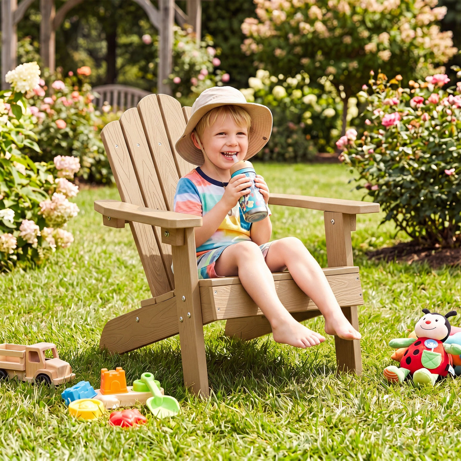 SUGIFT All-Weather HIPS Kids Adirondack Outdoor Chair with Tilted High Backrest 165-lb Capacity Ages 3-7 Brown