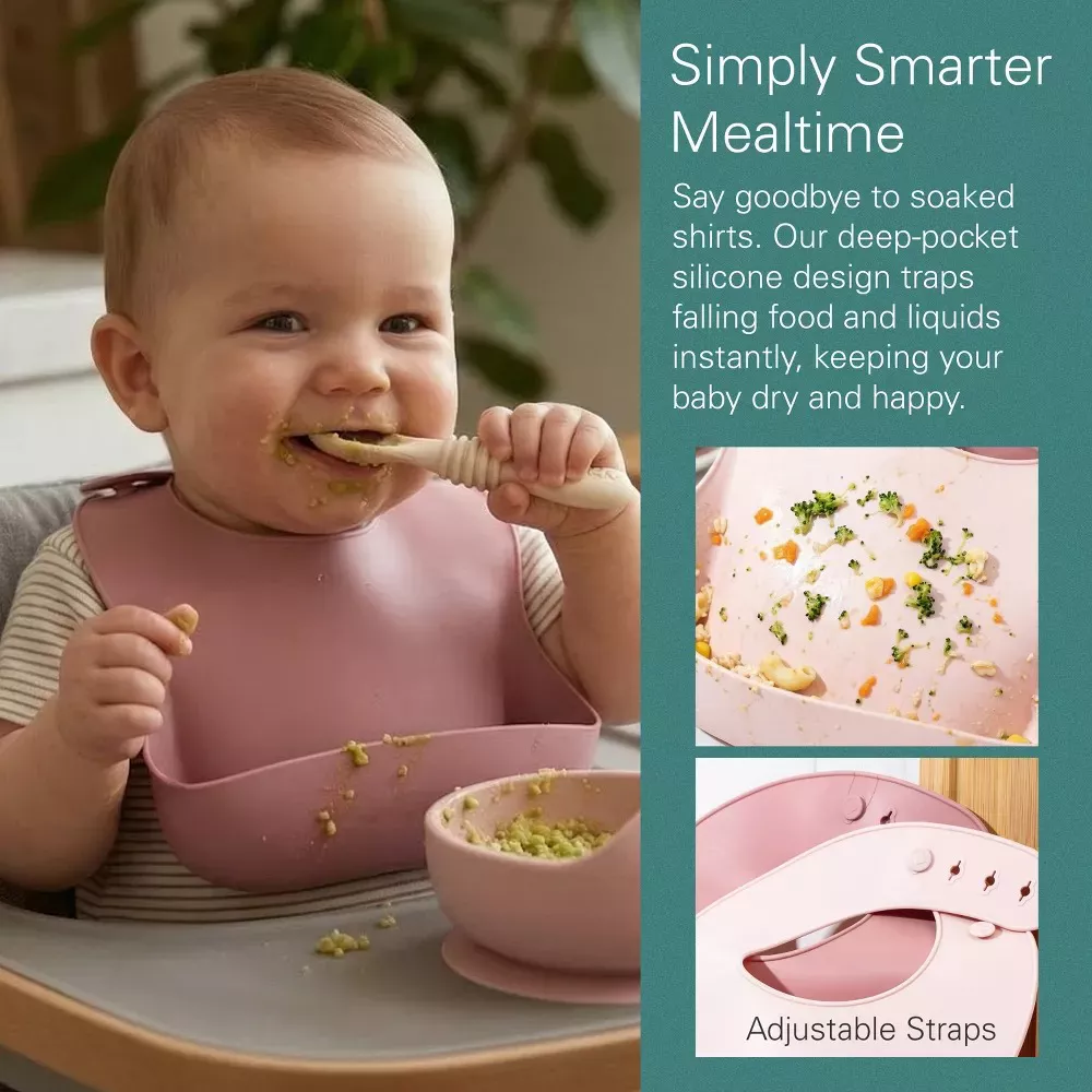 Sperric Silicone Baby Feeding Set - Suction Bowls w/ Lids & Spoons, Waterproof Baby Bibs, Stacking Teether Toys BPA‑Free