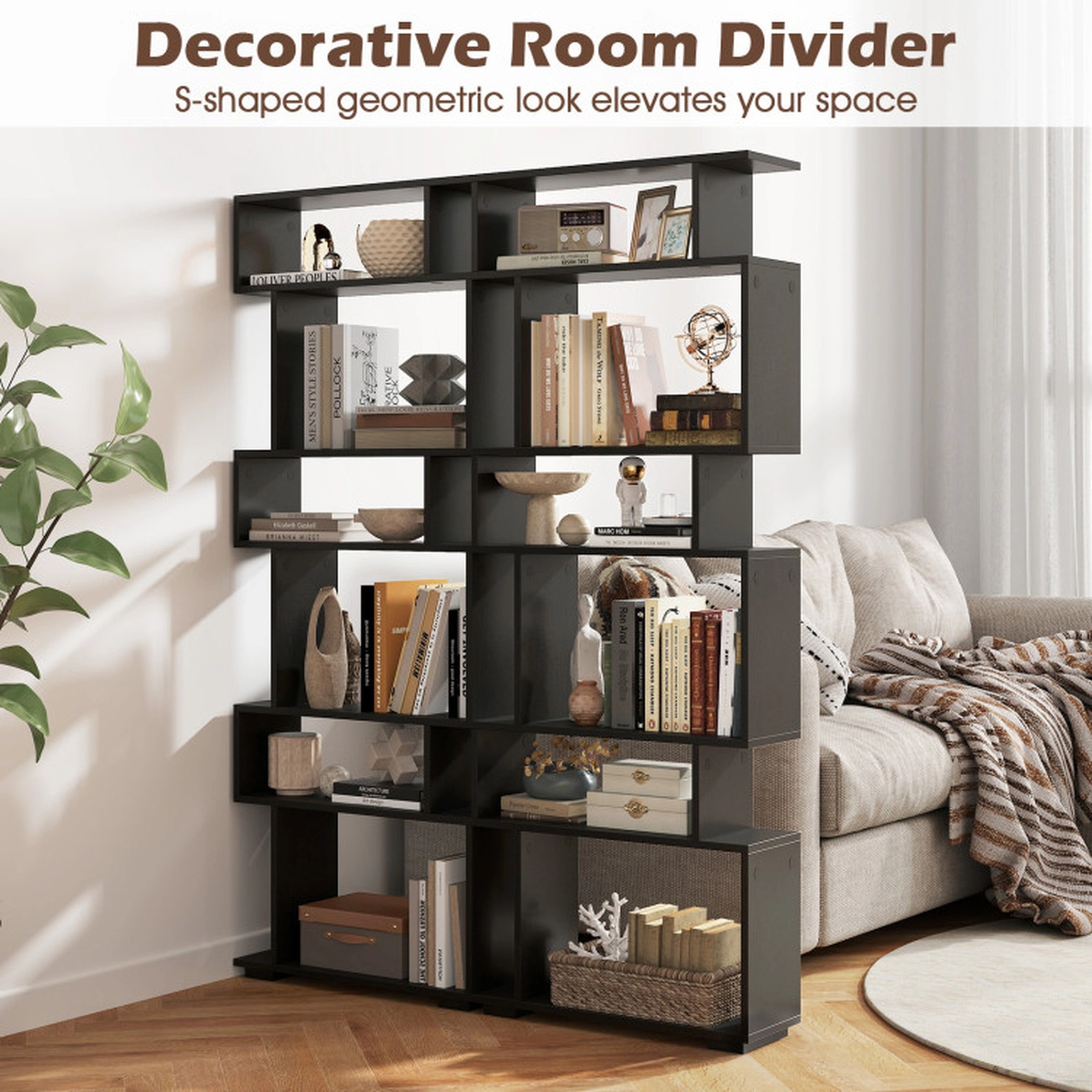 SUGIFT 6-Tier Black 64-in Tall Geometric Bookshelf 8-in Deep with 2 Anti-Tipping Kits and Elevated Base
