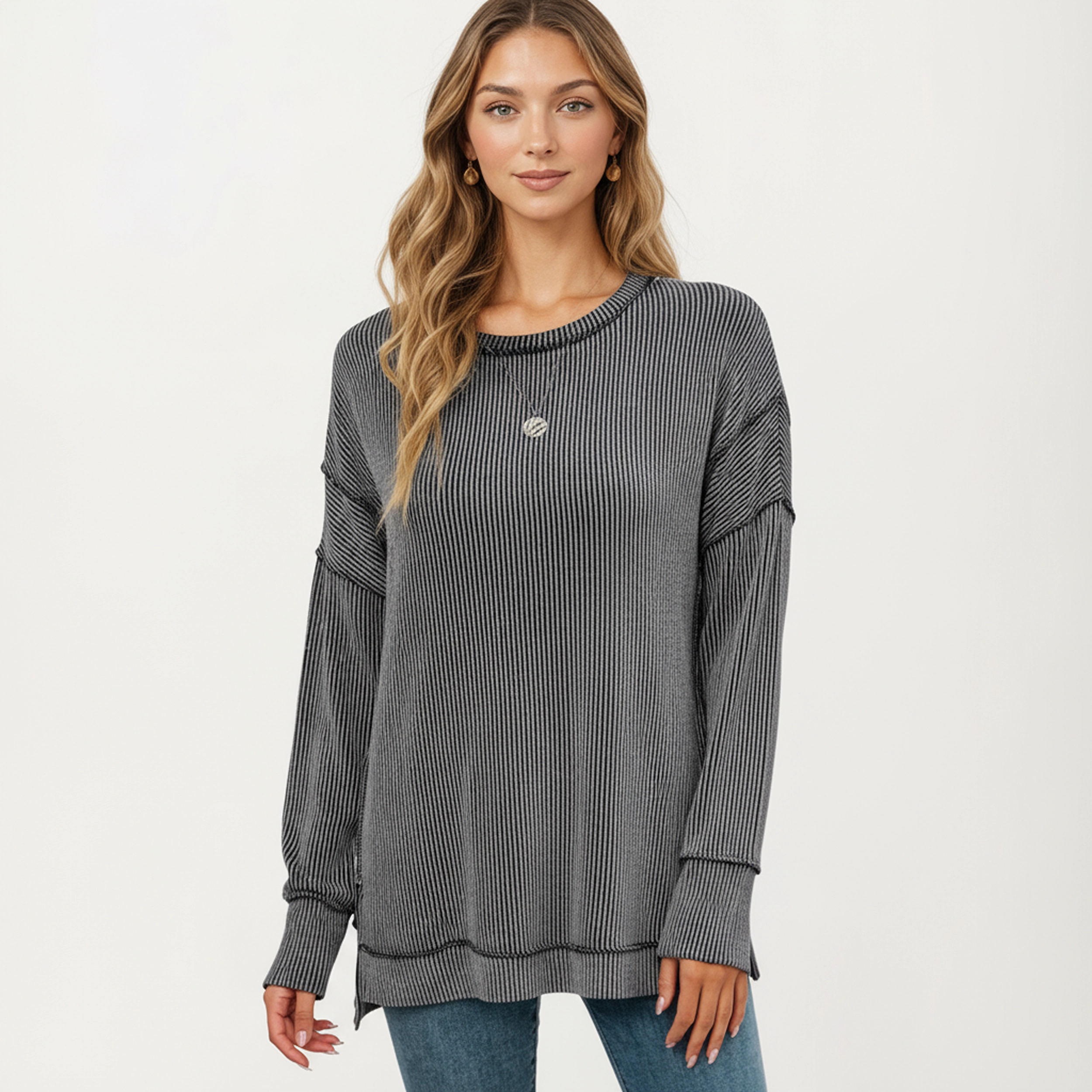 Anna-Kaci Women's Ribbed Side Slit Crew Neck Long Sleeve Pullover Knit Top