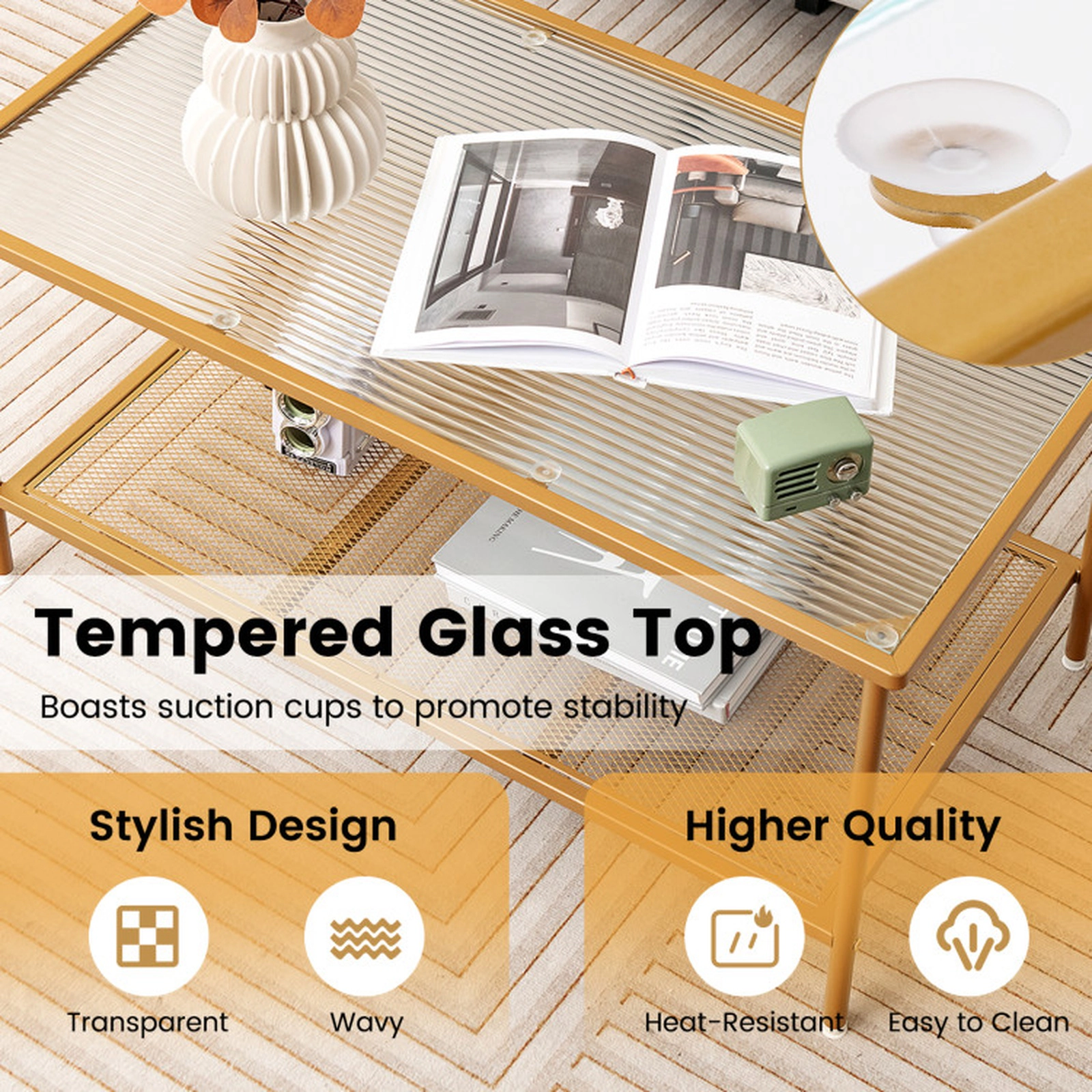 SUGIFT 2-Tier Tempered Glass Top Open Shelf Metal Frame Coffee Table 35.5-in x 20-in x 18.5-in 100-lb Capacity Gold