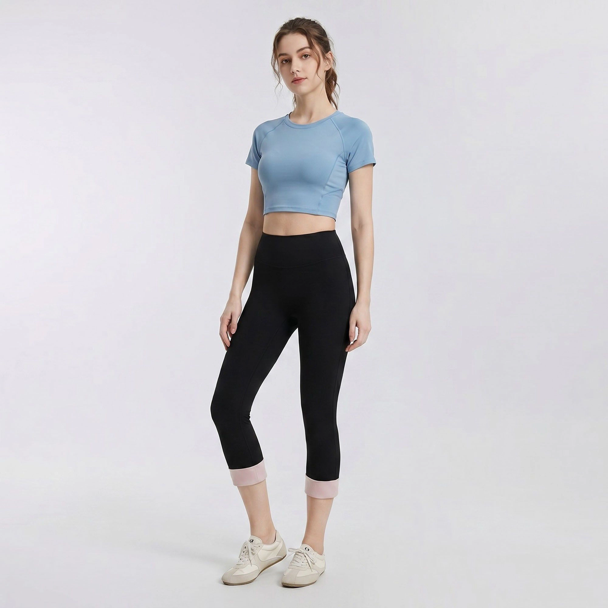 Anna-Kaci Women's High-Waist Capri Leggings with Folded Cuff Hem Wide Waistband Smooth Stretch Yoga Pants