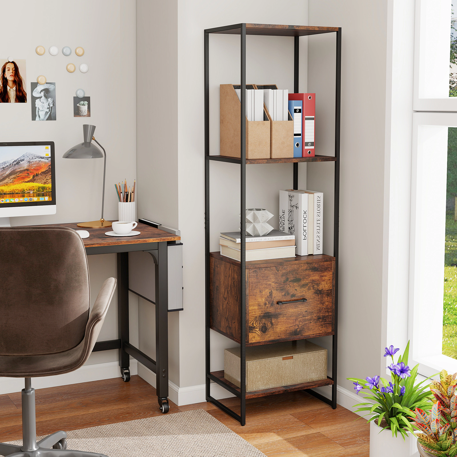 SUGIFT 5-Tier Rustic Brown 62.5-in Tall Narrow Bookshelf with Drawer 4 Open Shelves and Metal Frame