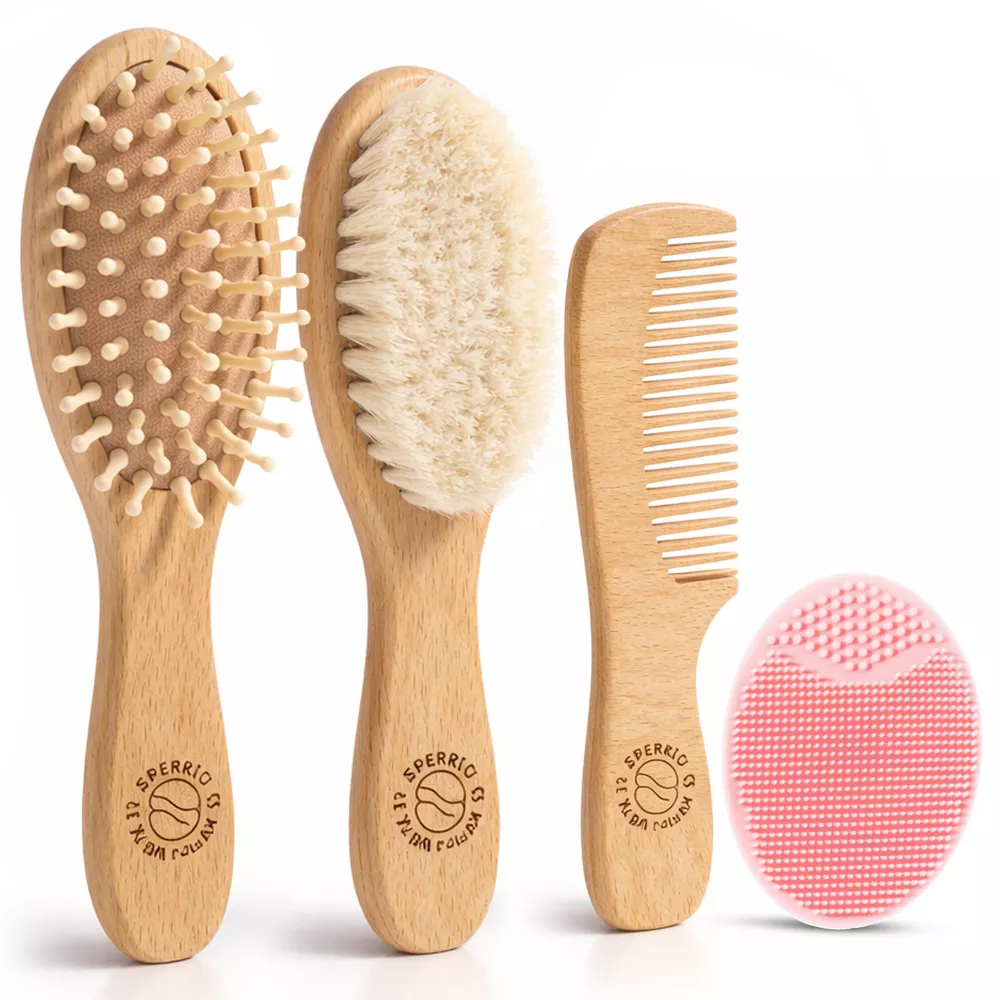 Sperric Baby Hair Brush & Comb Set, Wooden Baby Brush w/ Soft Goat Bristle, Cradle Cap Brush for Newborns, Boys & Girls