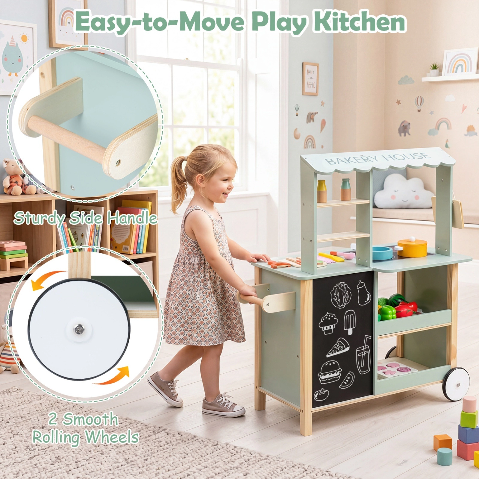 Wooden Kitchen Playset for Kids Rolling Wheels Oven Open Sign Cookware Accessories 26.5-in x 13.5-in x 32-in Green