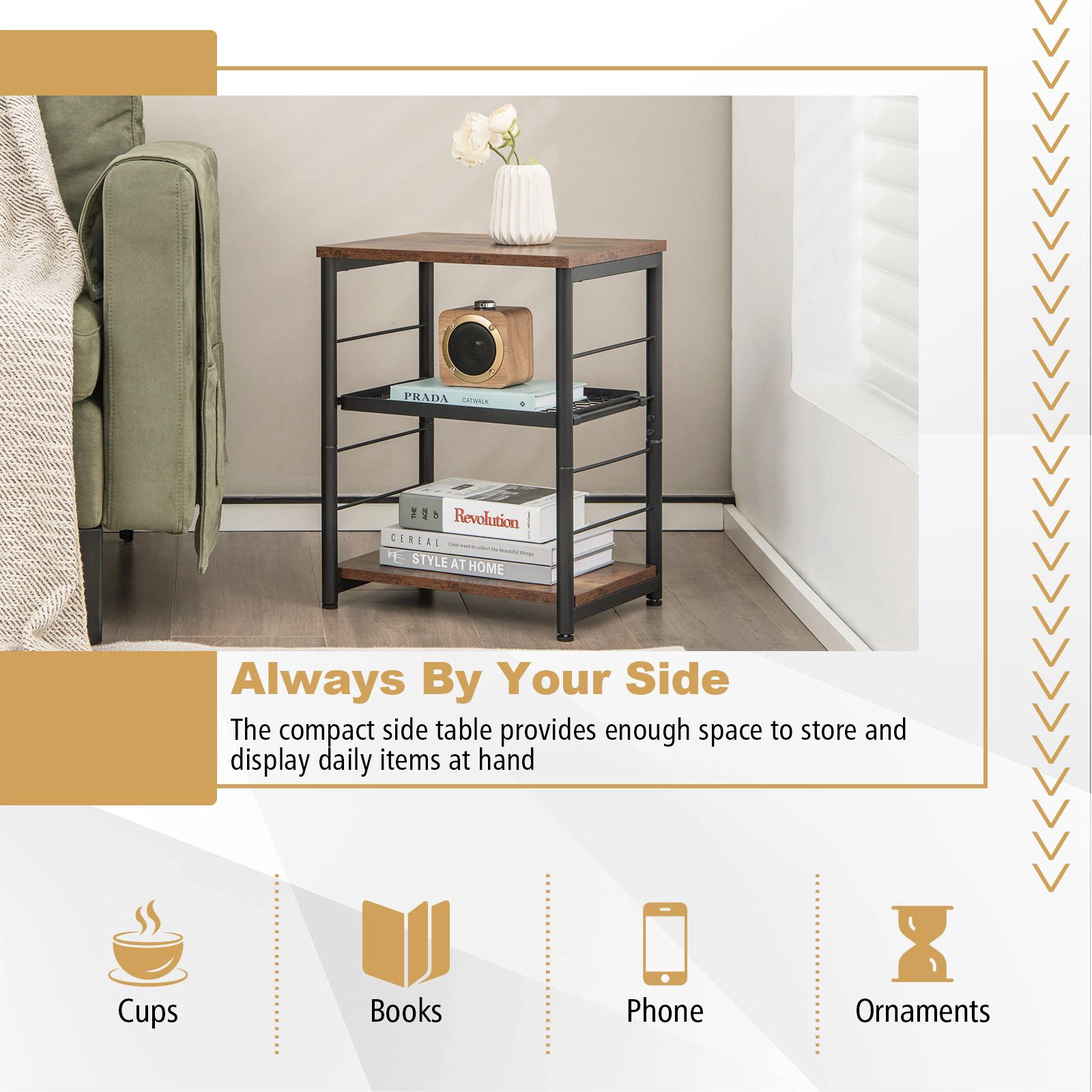 SlickBlue Compact Adjustable Side Table with 3-Tier Mesh Storage