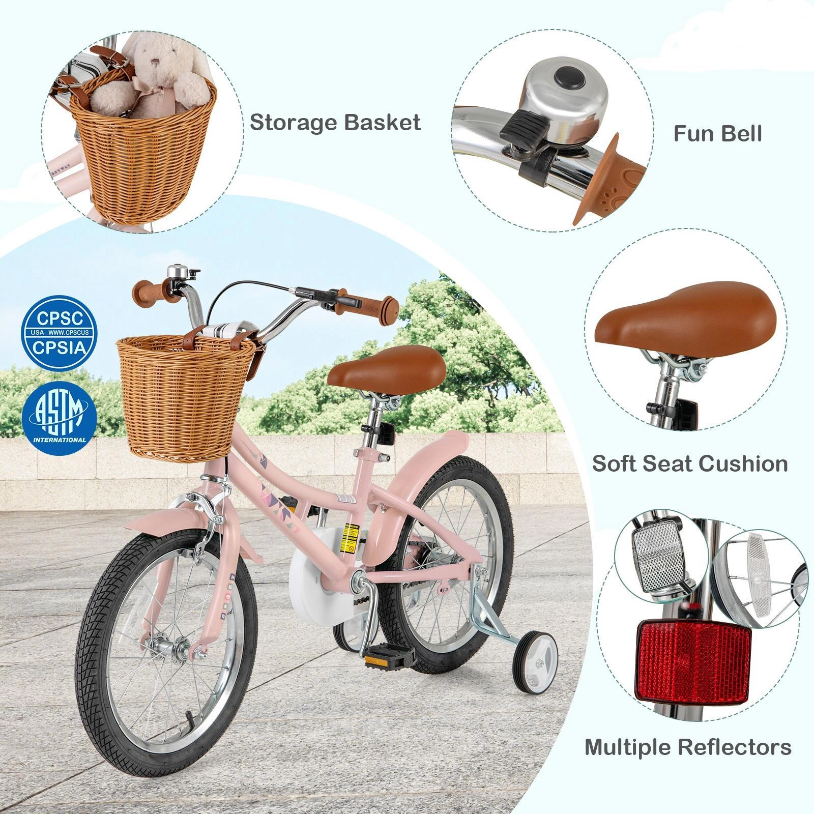 SUGIFT 16-Inch Pink Kids Bike with Basket, Fenders, Training Wheels and Dual Brakes