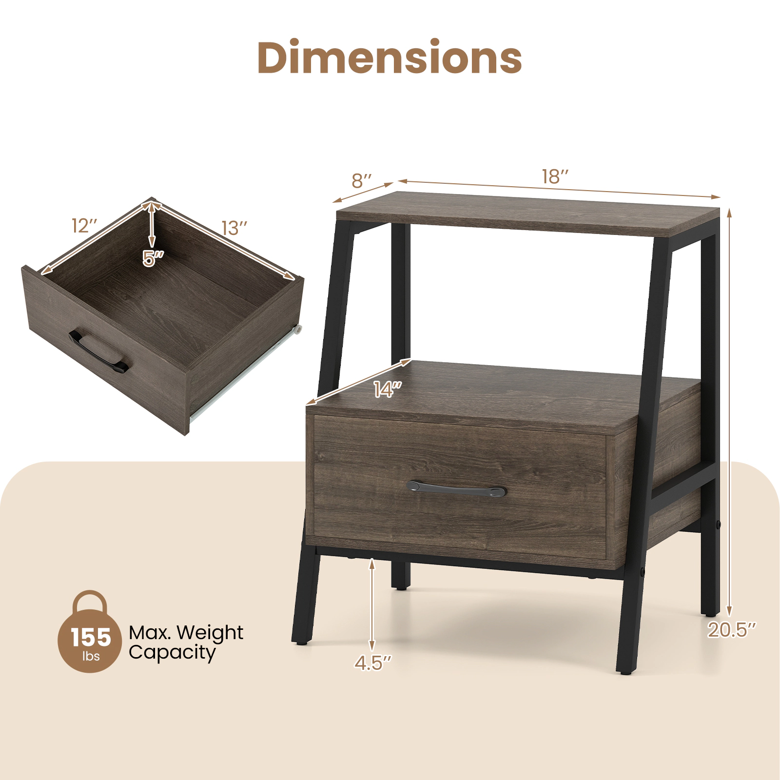 SUGIFT 3-Tier Farmhouse Nightstand Open Shelf & Drawer 155-lb Capacity 17.5-lb Net Weight Gray Engineered Wood & Metal
