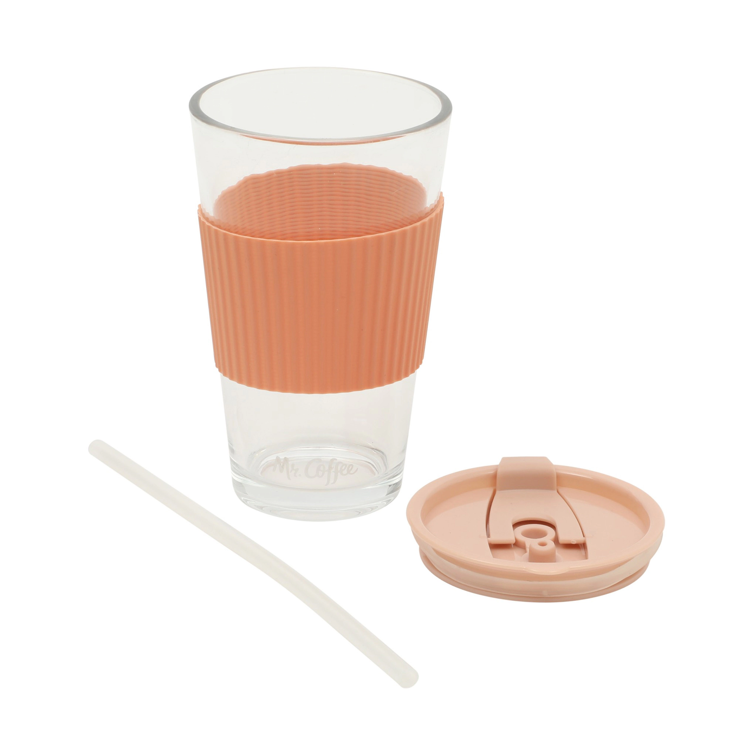 Mr. Coffee Sip Savvy 4 Piece 15 Ounce Clear Glass Tumbler Set with Straw and Lid in Pink