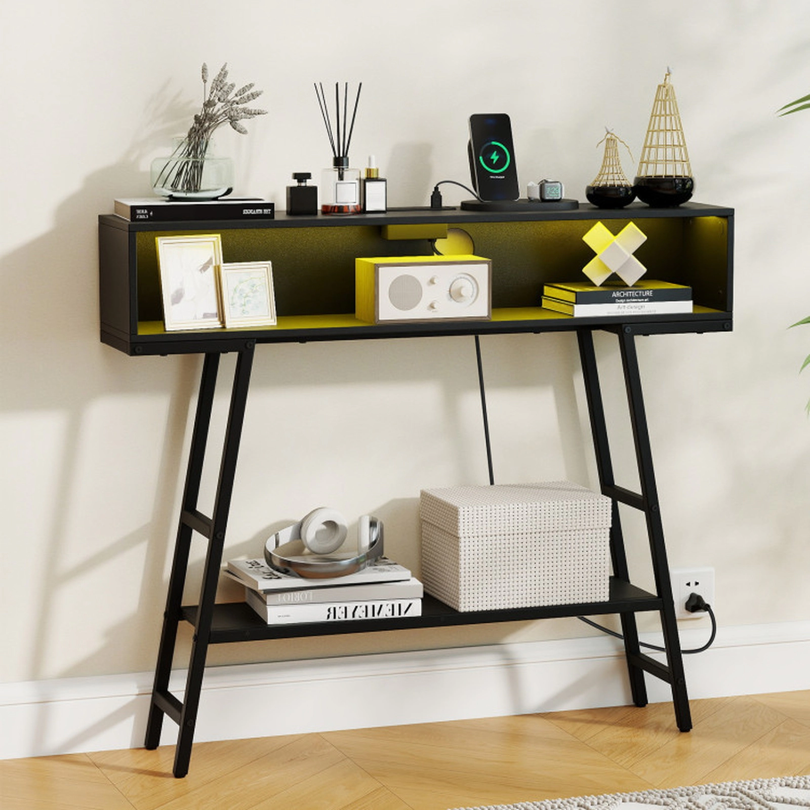 SUGIFT 40-in 8-in Narrow 45-lb Capacity Black Console Table with 2 AC Outlets USB Ports and LED Lights