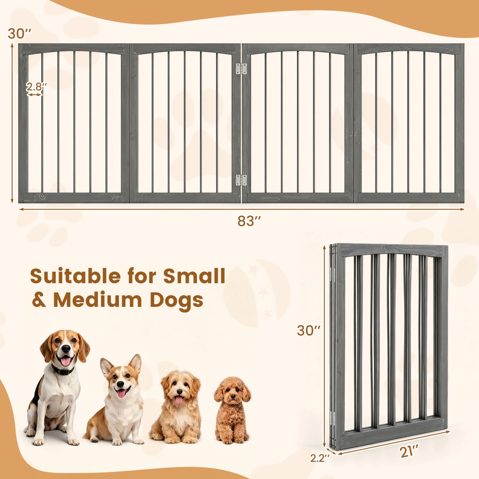 SUGIFT 83-in x 30-in 4-Panel Wooden Freestanding Indoor Dog Gate Pet Fence with 180-Degree Hinges