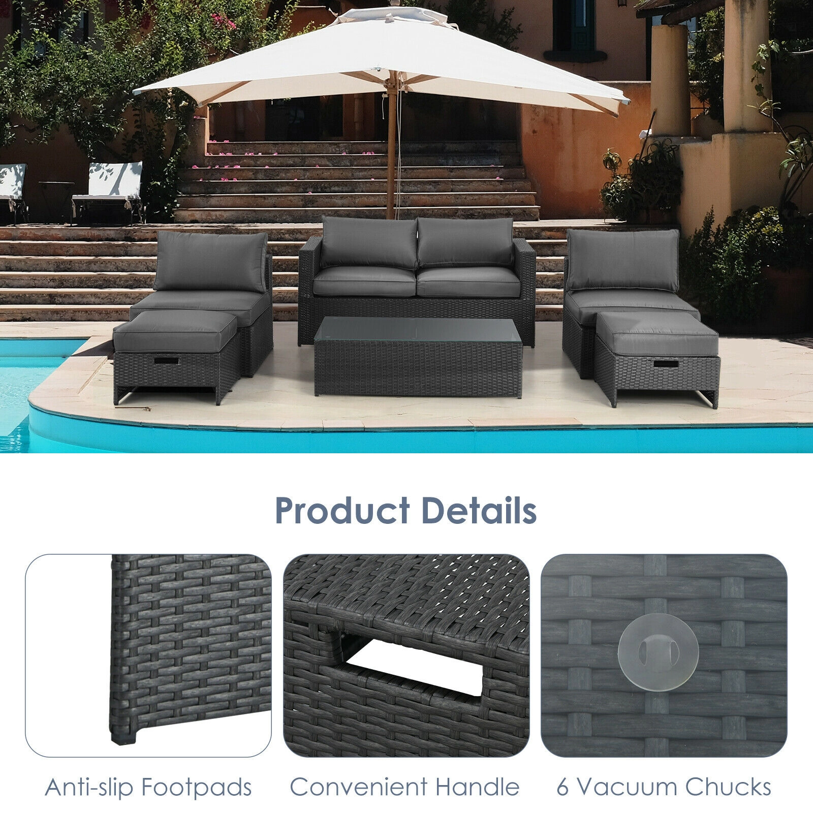 LJG 6 Pieces Patio Rattan Furniture Set with Glass Table and Cushioned Seat