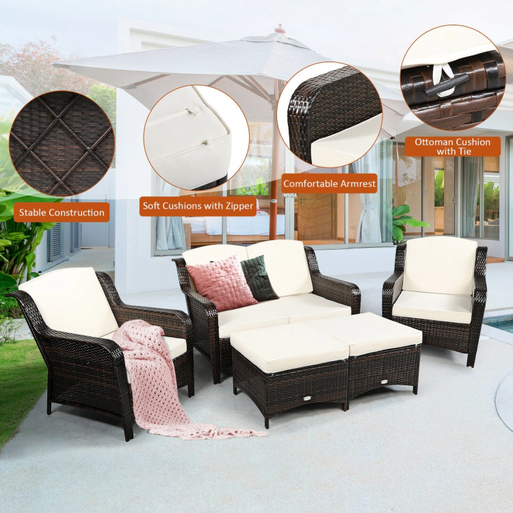 Hivvago 5 Pieces Patio Rattan Sofa Set With Cushion And Ottoman-Off White