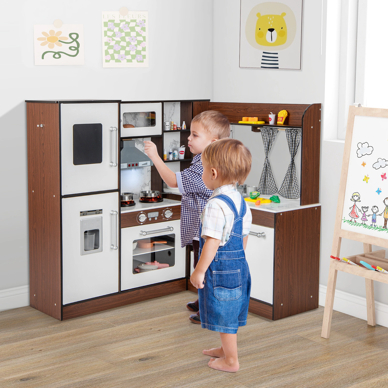 Wooden Corner Play Kitchen Water Circulation 360-Degree Faucet Ice Maker Plaid Curtains 40-in x 35-in x 38-in Brown