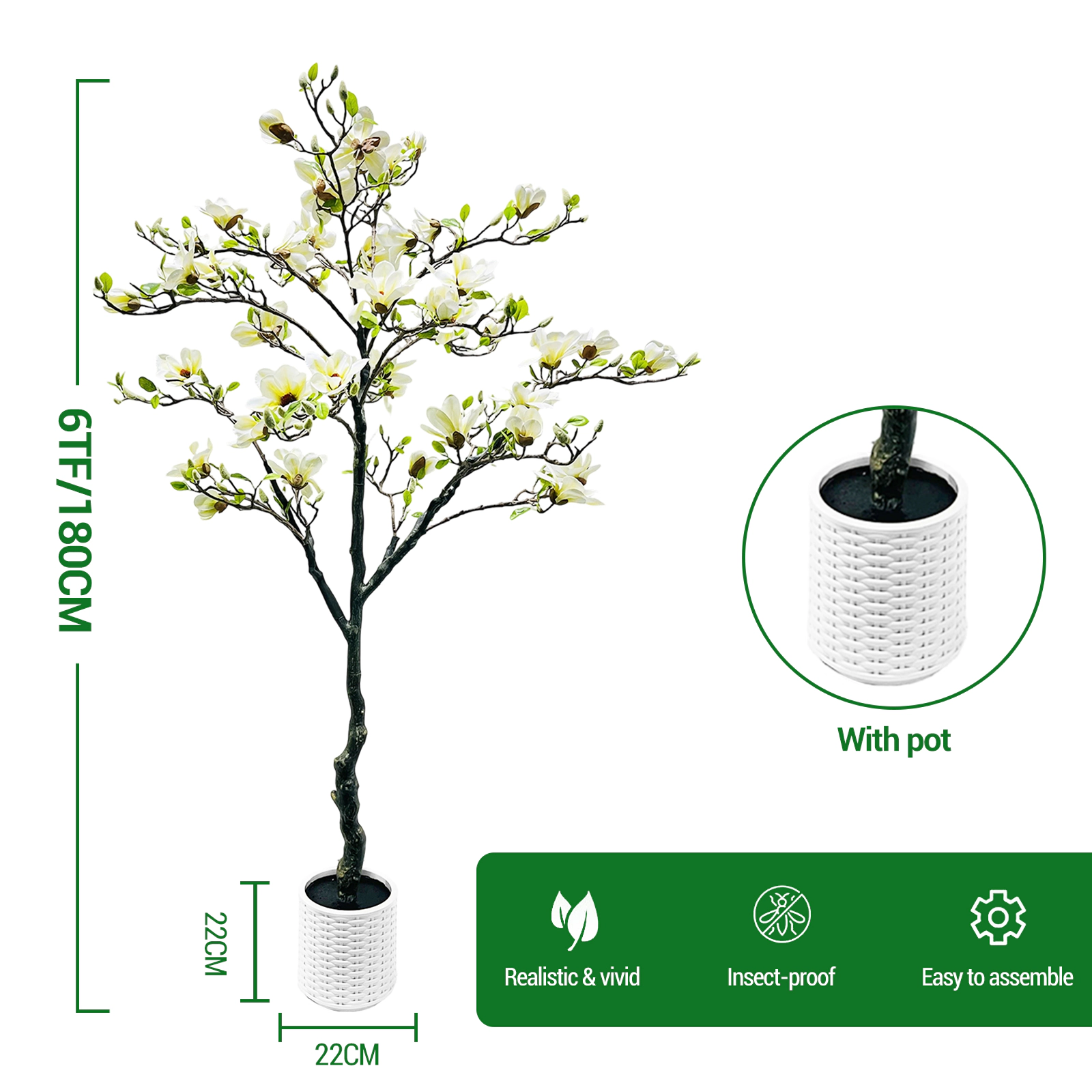 6FT Artificial Magnolia Flower Tree with Pot,Real Touch Silk Faux Plant Decor