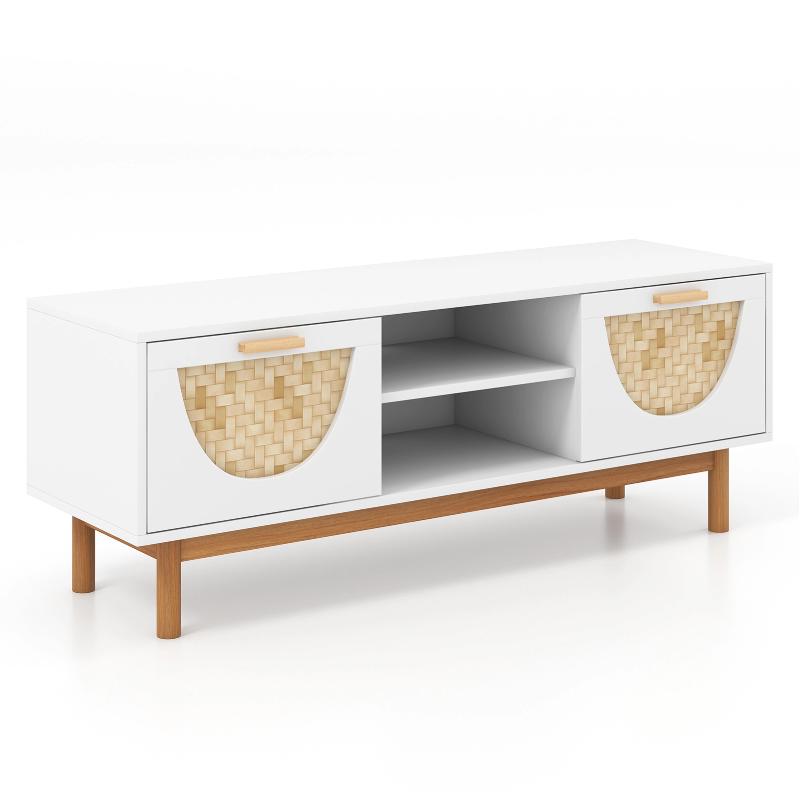 LJG Mid Century Modern TV Stand Entertainment Center for 55-Inch TV with 2 Drawers and Bamboo Woven Fronts