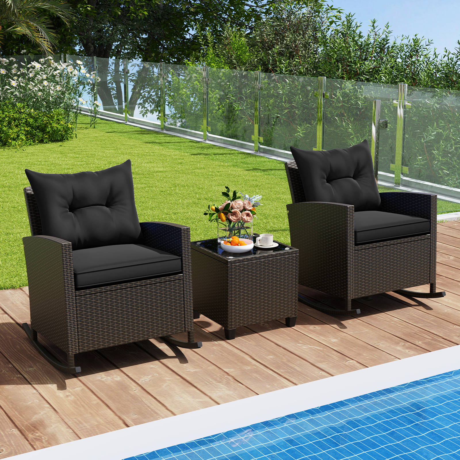 SUGIFT Rocking Conversation Set with Tempered Glass Coffee Table 400-lb Chair Capacity Black Rattan with Soft Cushions
