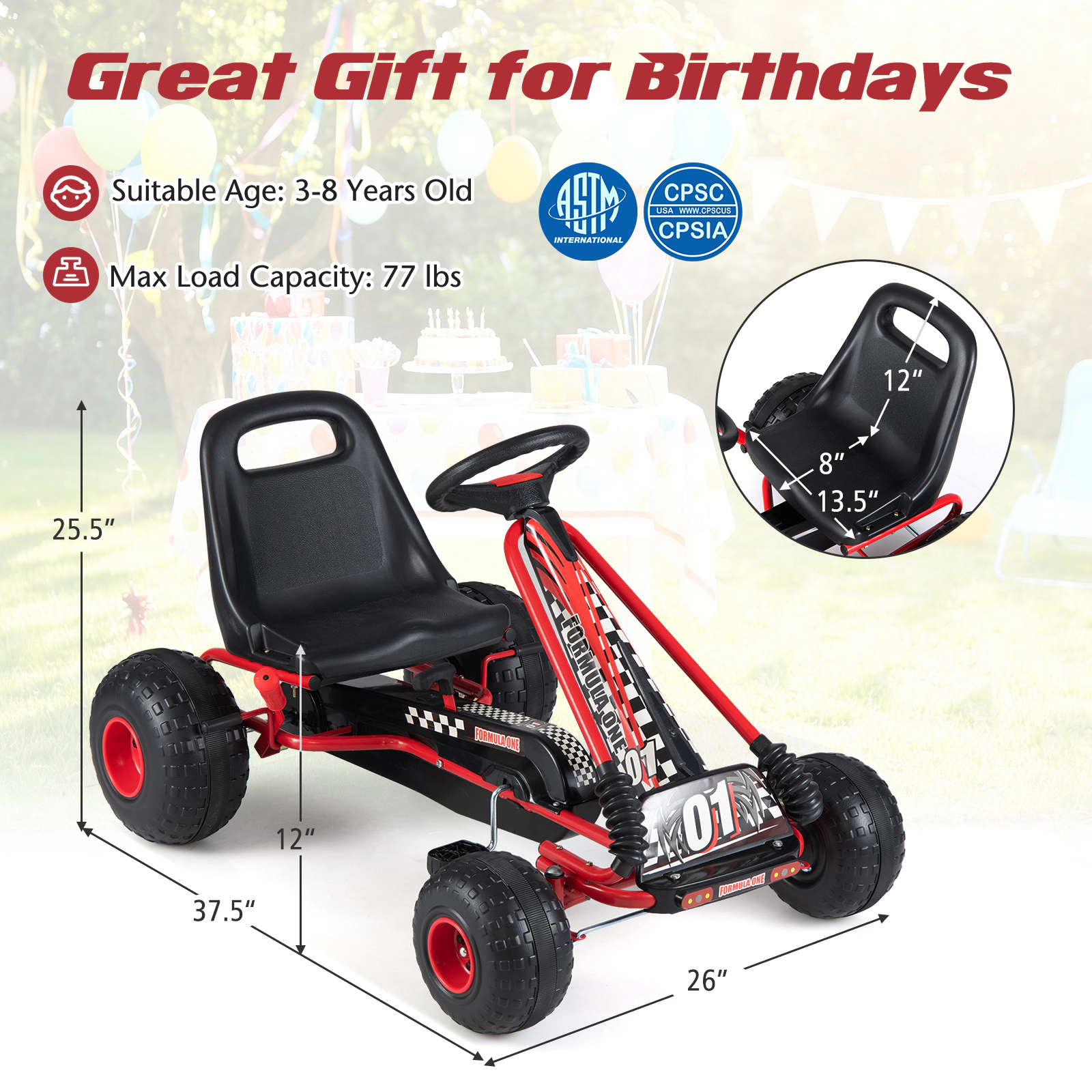 SUGIFT Kids Pedal Go Kart Red 4 Wheels with Adjustable Seat and Multi-Terrain Wheels