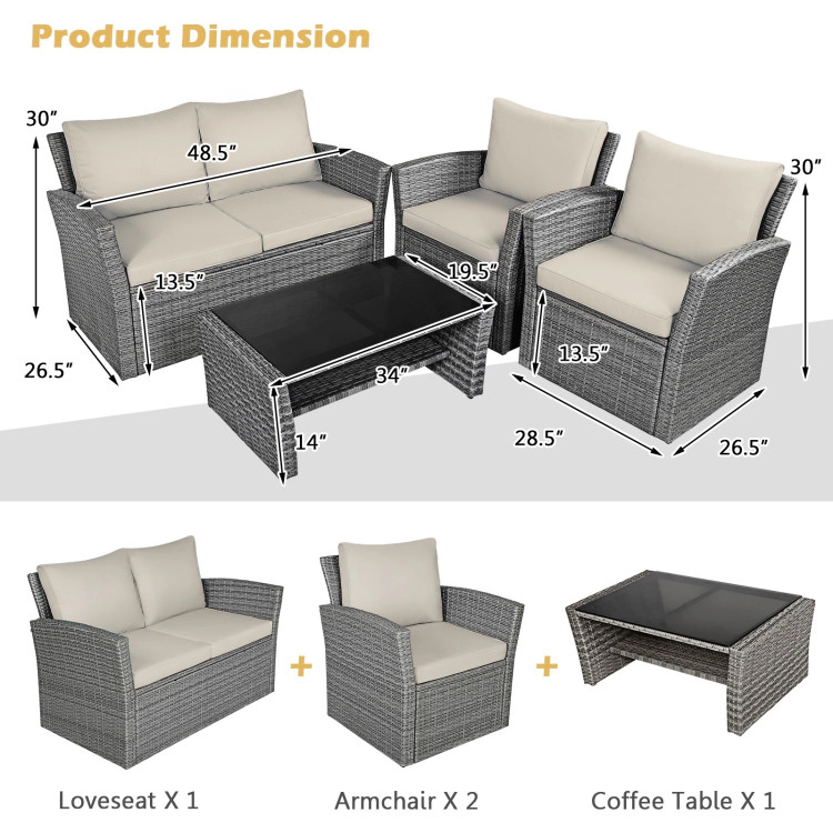 Hivvago 4 Pieces Patio Rattan Furniture Set Sofa Table With Storage Shelf Cushion