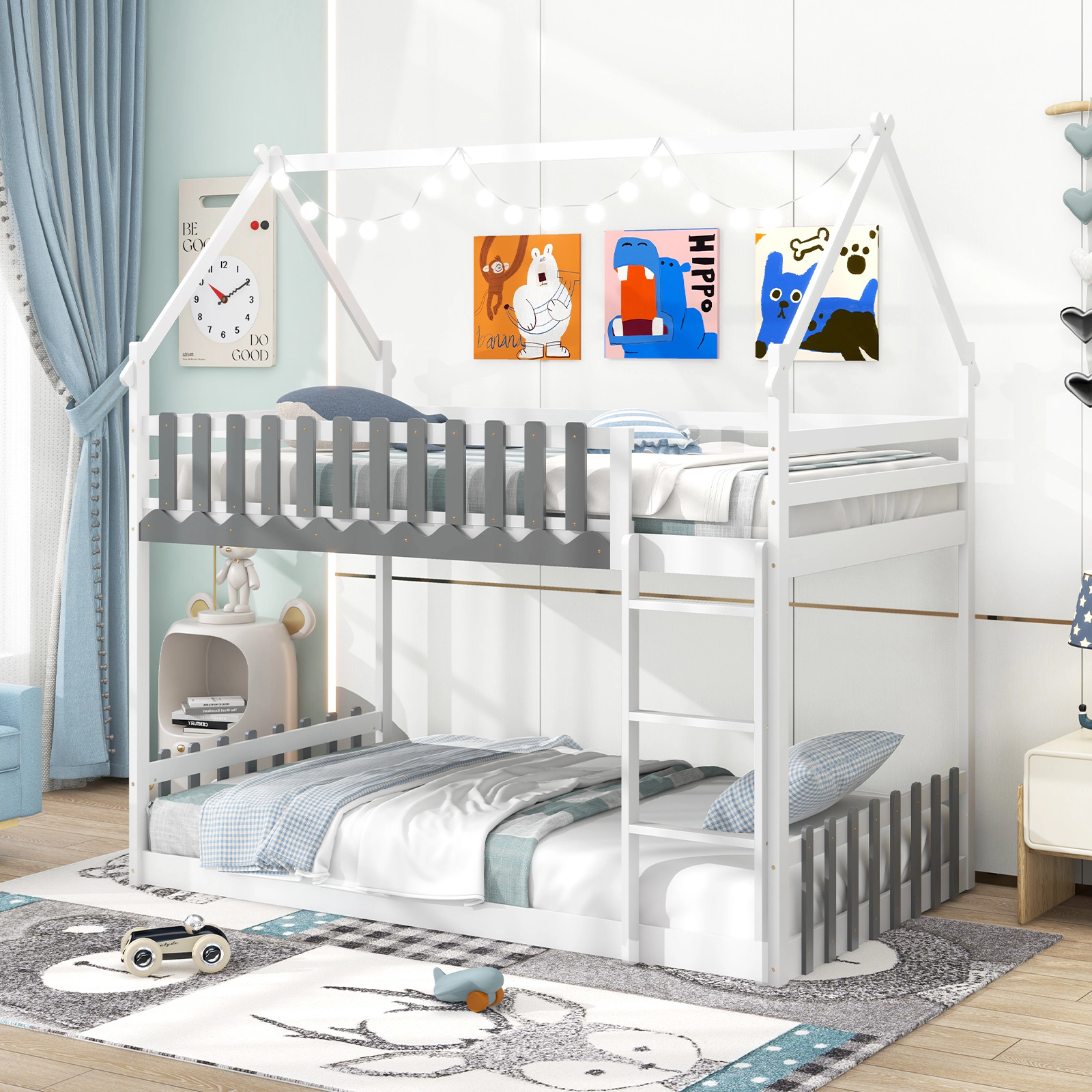 SUGIFT White House Frame Fence Rails and Ladder Twin Over Twin Kids Bunk Bed