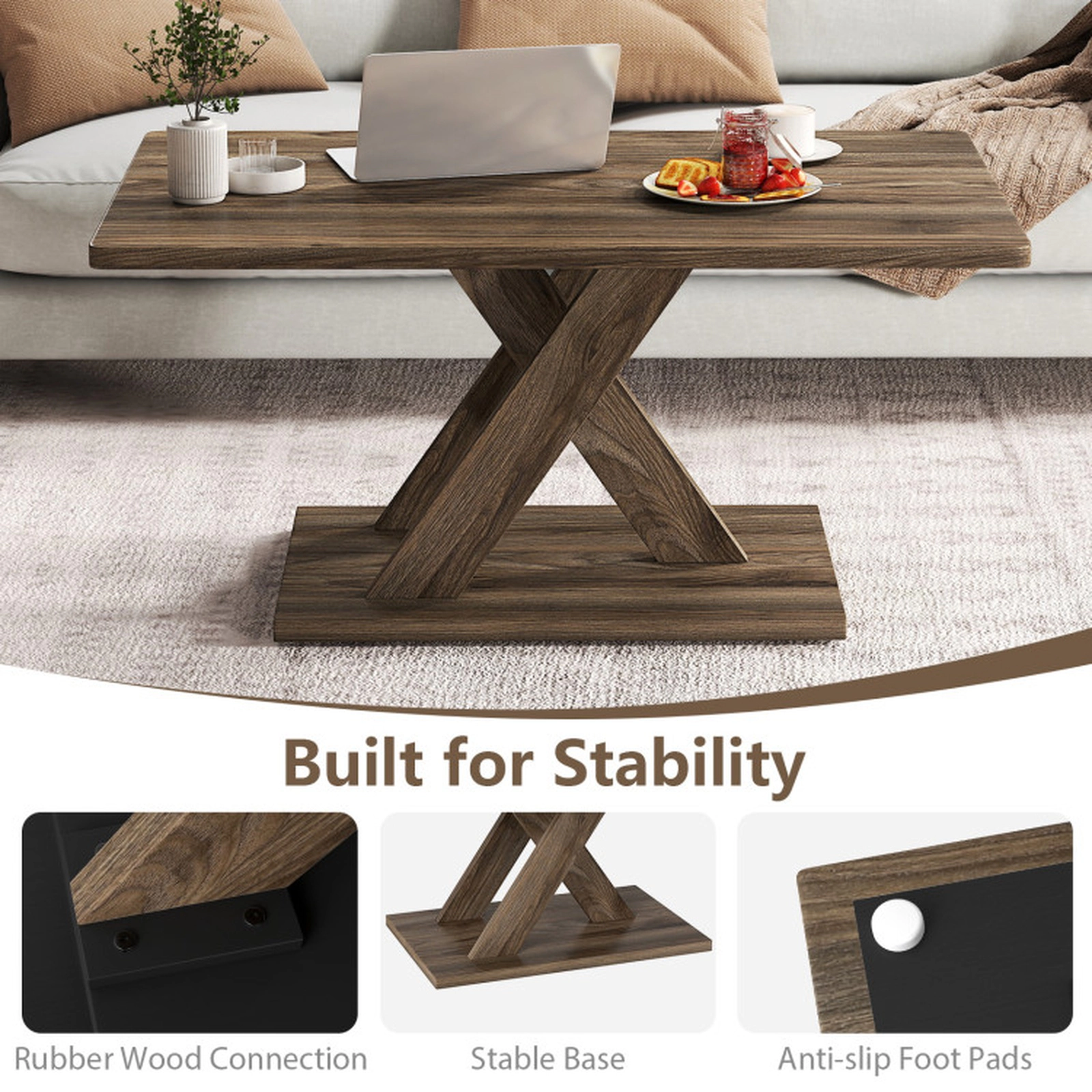 SUGIFT 37.5-in Rectangular Coffee Table with Stable Base and Rubber Wood Connection 220-lb Capacity Rustic Brown 1-Piece