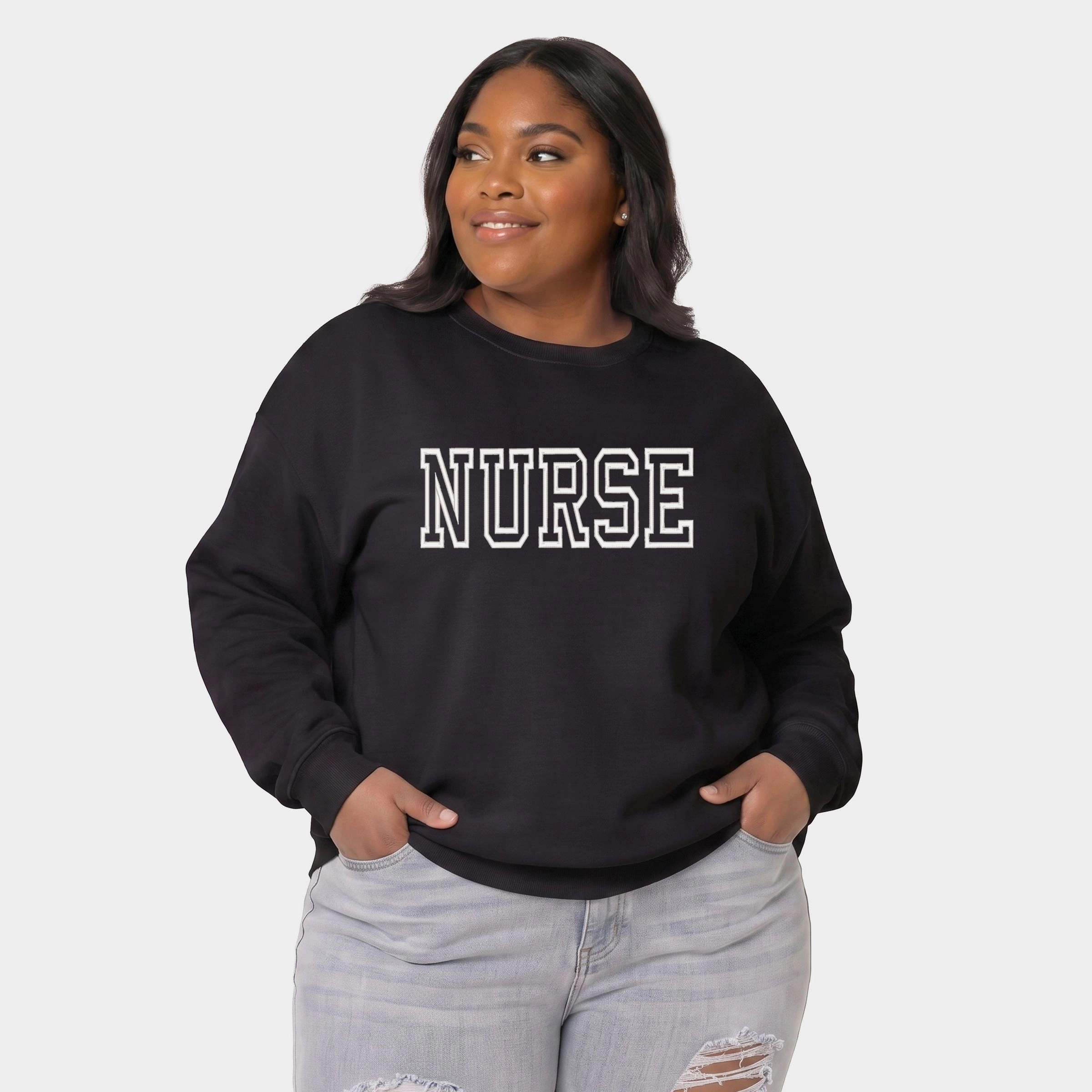 Simply Sage Market - Women's Plus Sweatshirt Embroidered Nurse Outline